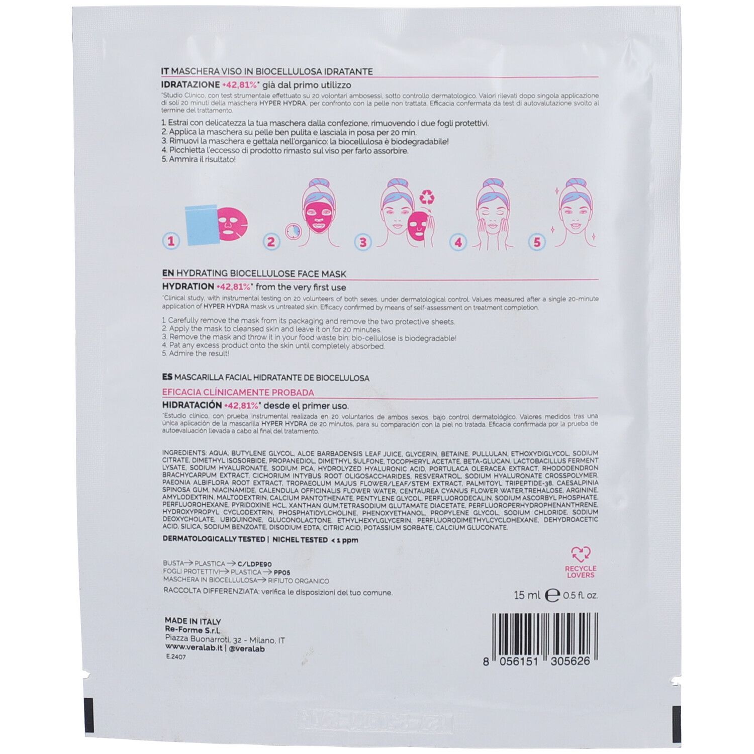 Retro della confezione della maschera. Contiene istruzioni e ingredienti. Testo: Hydrating Biocellulose Face Mask. Clinicamente testato.