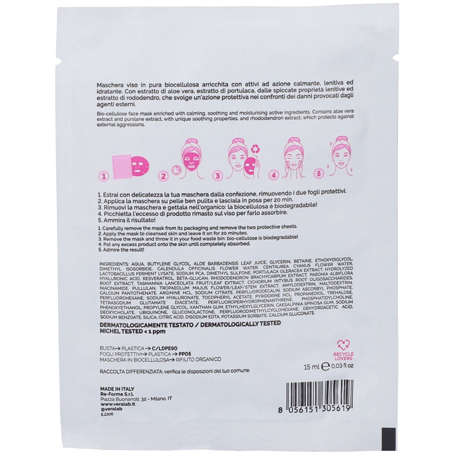 Retro della confezione della maschera con istruzioni e ingredienti. Testo: Dermatologicamente testato. 15 ml.