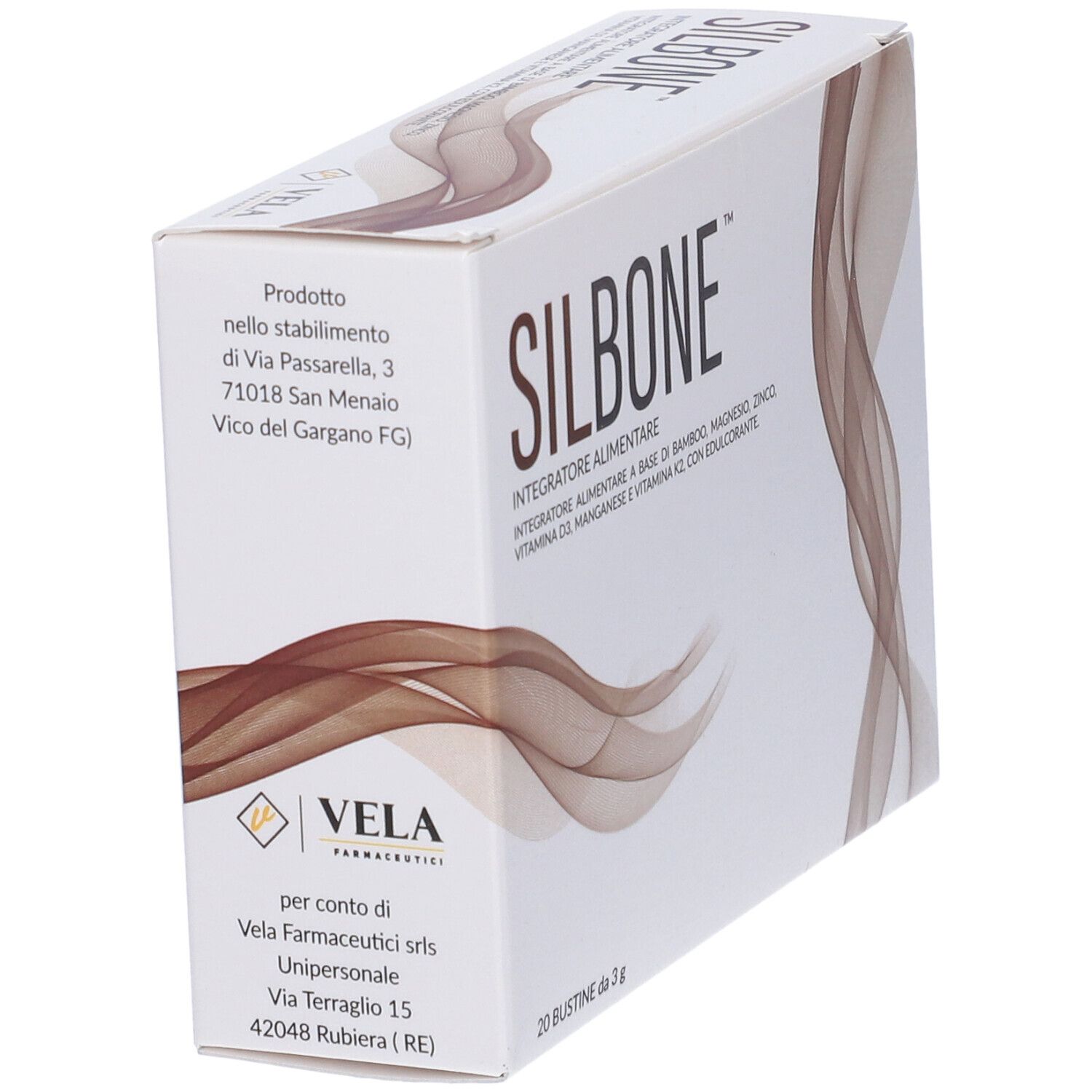 Scatola bianca con decorazioni marroni. Scritta SILBONE. Informazioni produttore e 20 bustine.