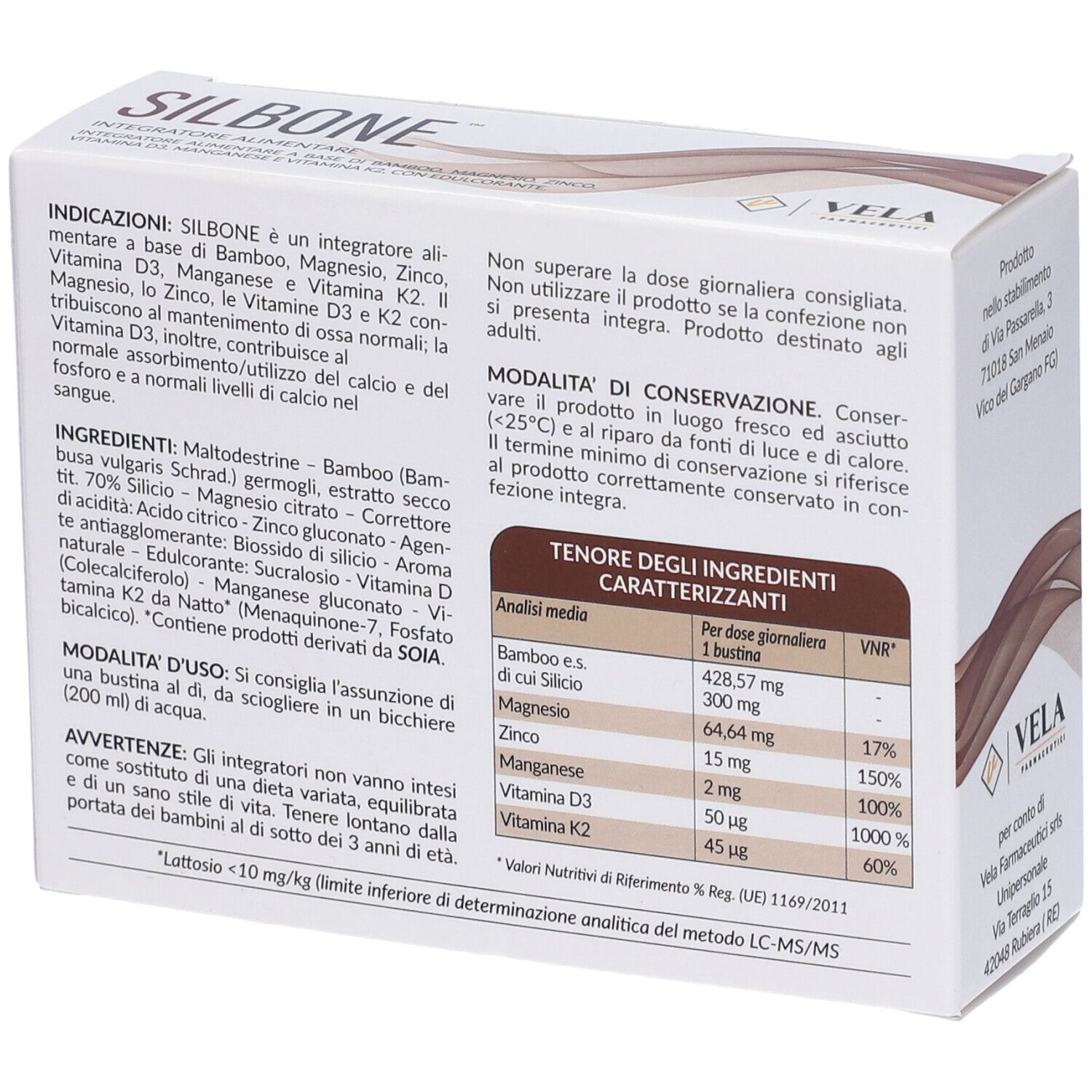 Retro della scatola bianca. Testo con ingredienti e valori nutrizionali. Marchio VELA.