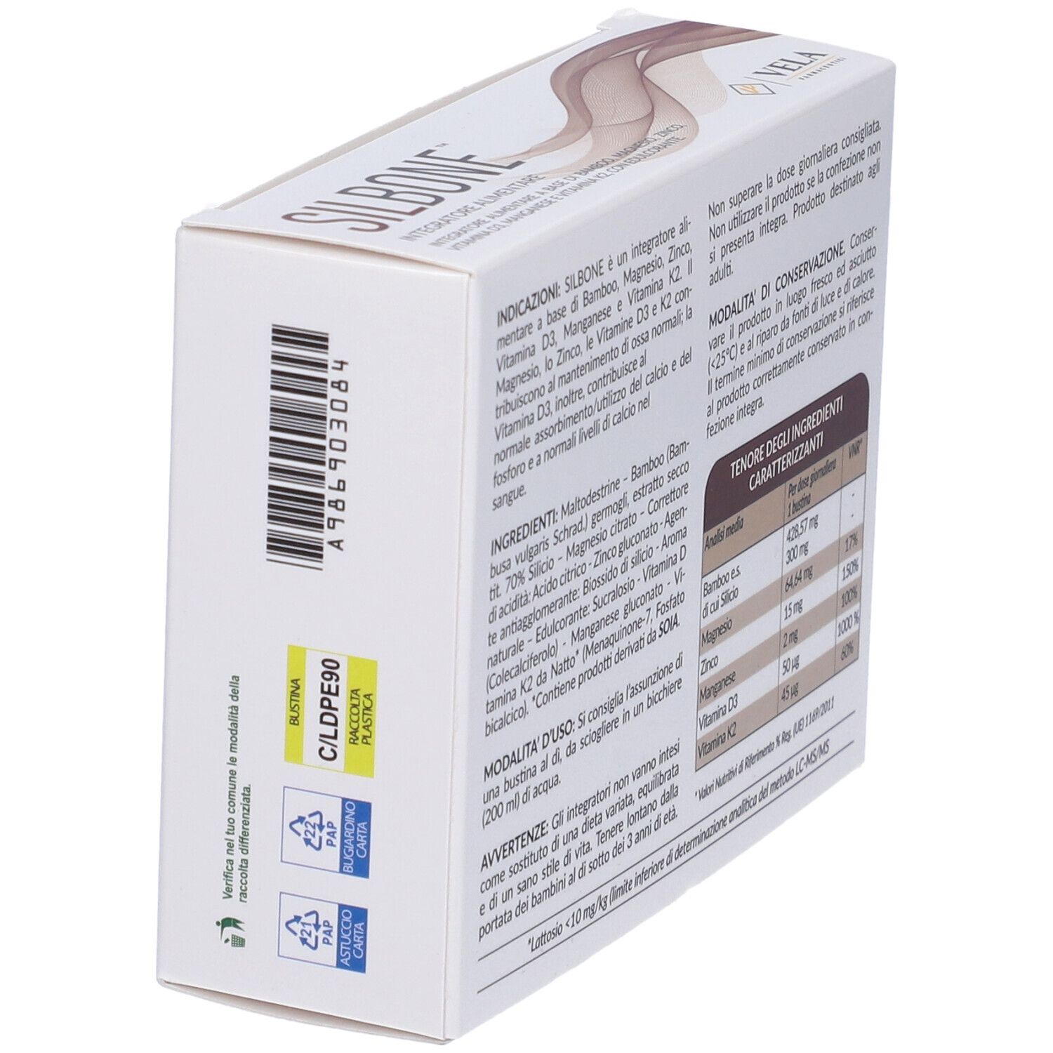 Scatola bianca, retro con testo e codice a barre. Simboli di riciclaggio. Marchio VELA.