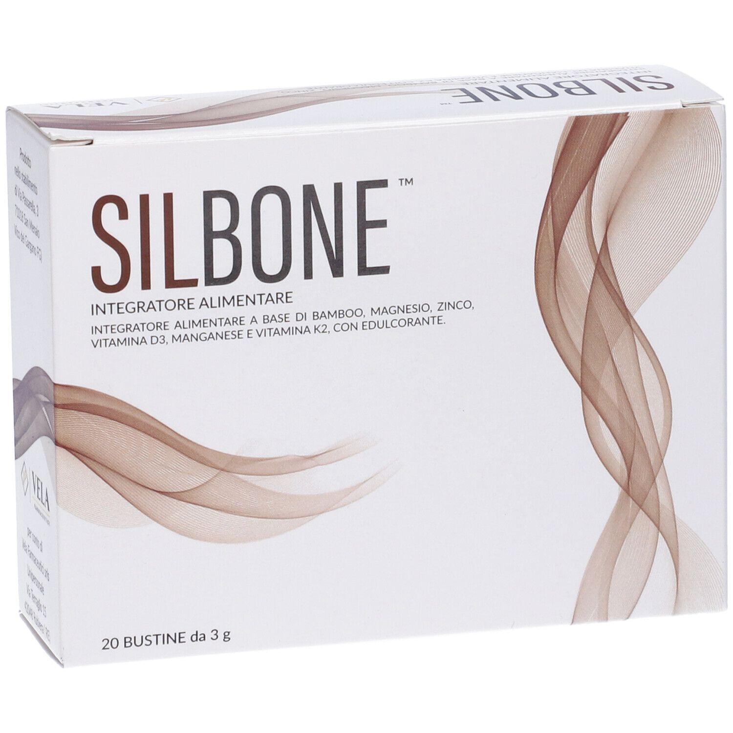 Scatola bianca con decorazioni marroni. Scritta SILBONE e informazioni prodotto. 20 bustine.