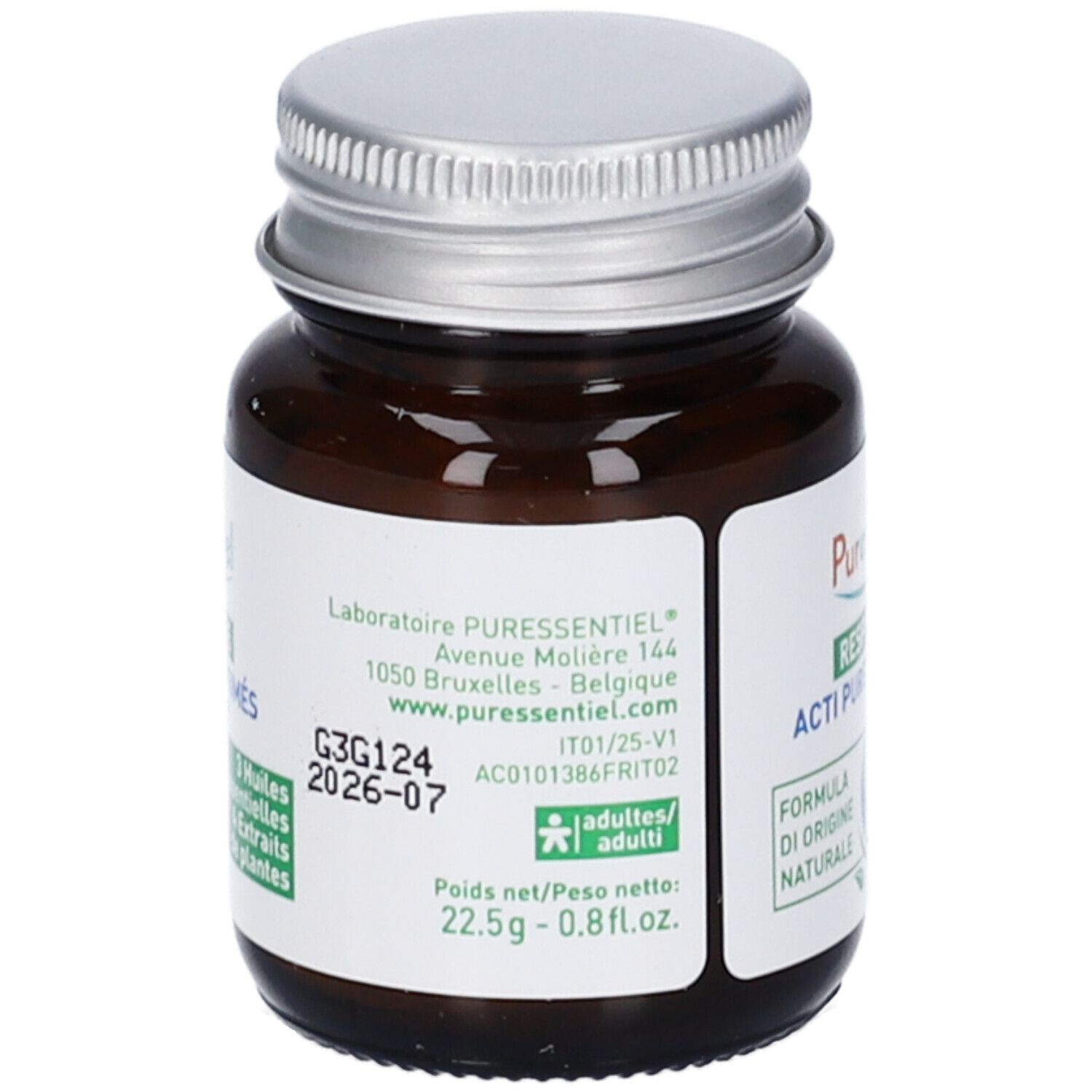 Retro del flacone di vetro marrone. Etichetta bianca con informazioni del produttore, numero di lotto e data di scadenza. Peso netto: 22,5g.