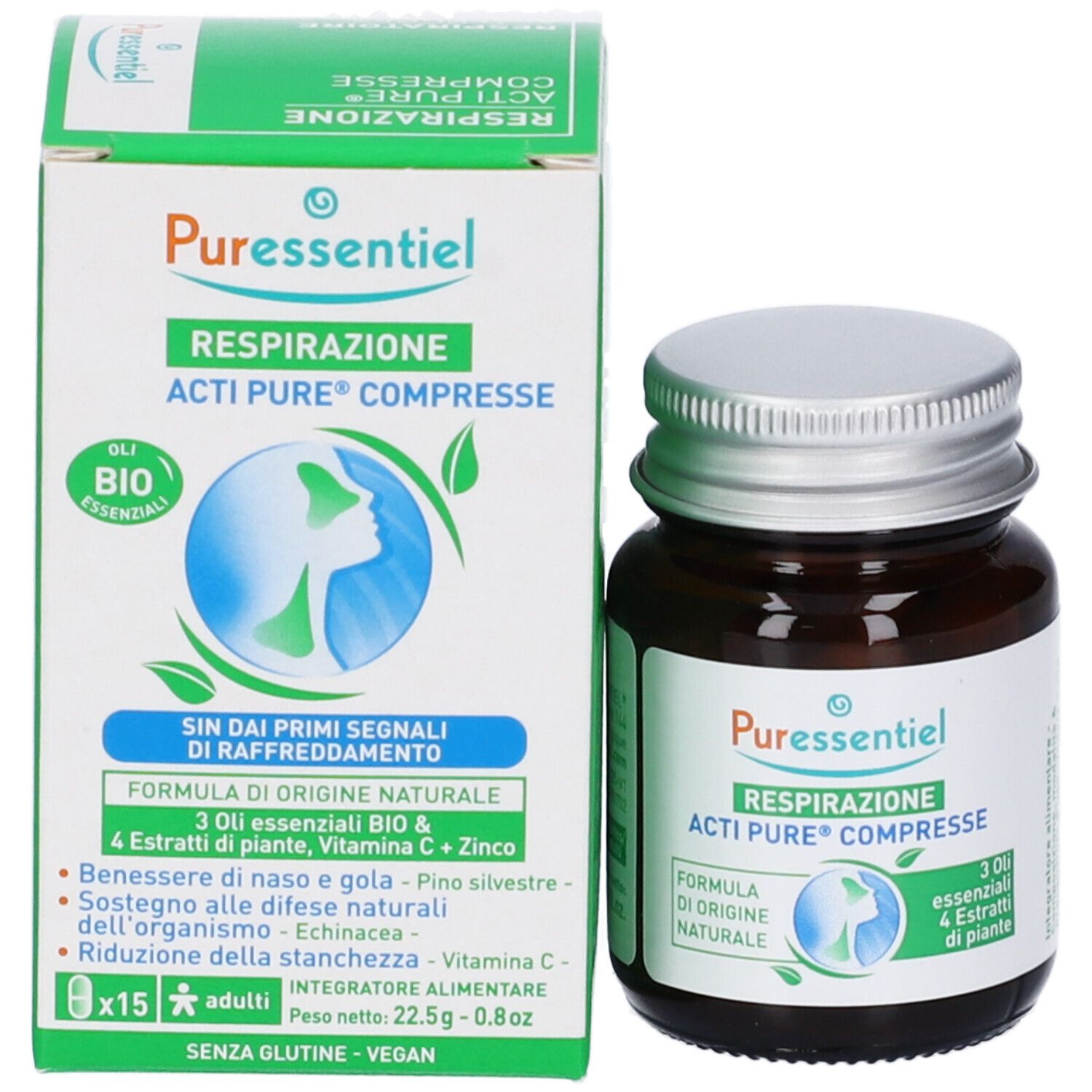 Confezione e flacone. Scatola con nome del prodotto e logo. Flacone di vetro marrone con tappo argentato. Contiene 3 oli essenziali e 4 estratti vegetali.