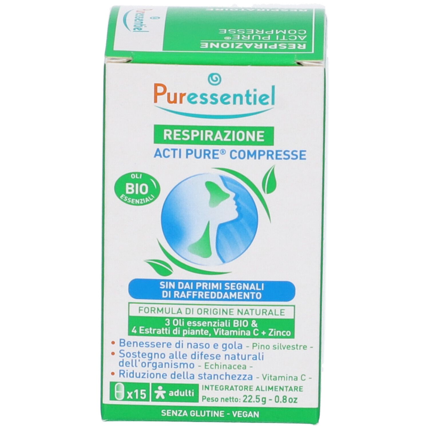 Confezione del prodotto. Scatola con nome del prodotto, logo e informazioni. Contiene 15 compresse. Senza glutine e vegano.