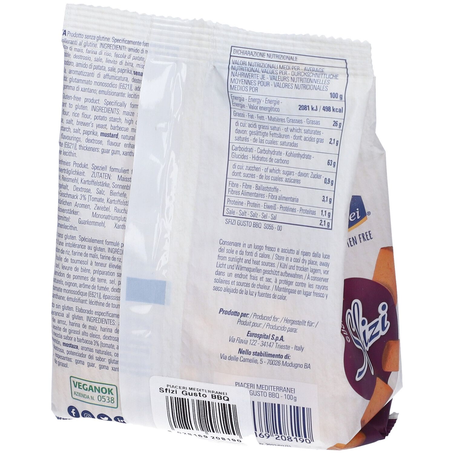 Retro della confezione "Piaceri Mediterranei Sfizi BBQ". Senza glutine. Valori nutrizionali, ingredienti, loghi.