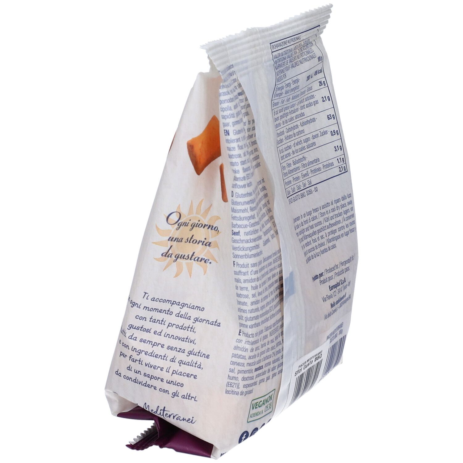 Confezione inclinata "Piaceri Mediterranei Sfizi BBQ". Senza glutine. Testo e loghi sulla confezione.