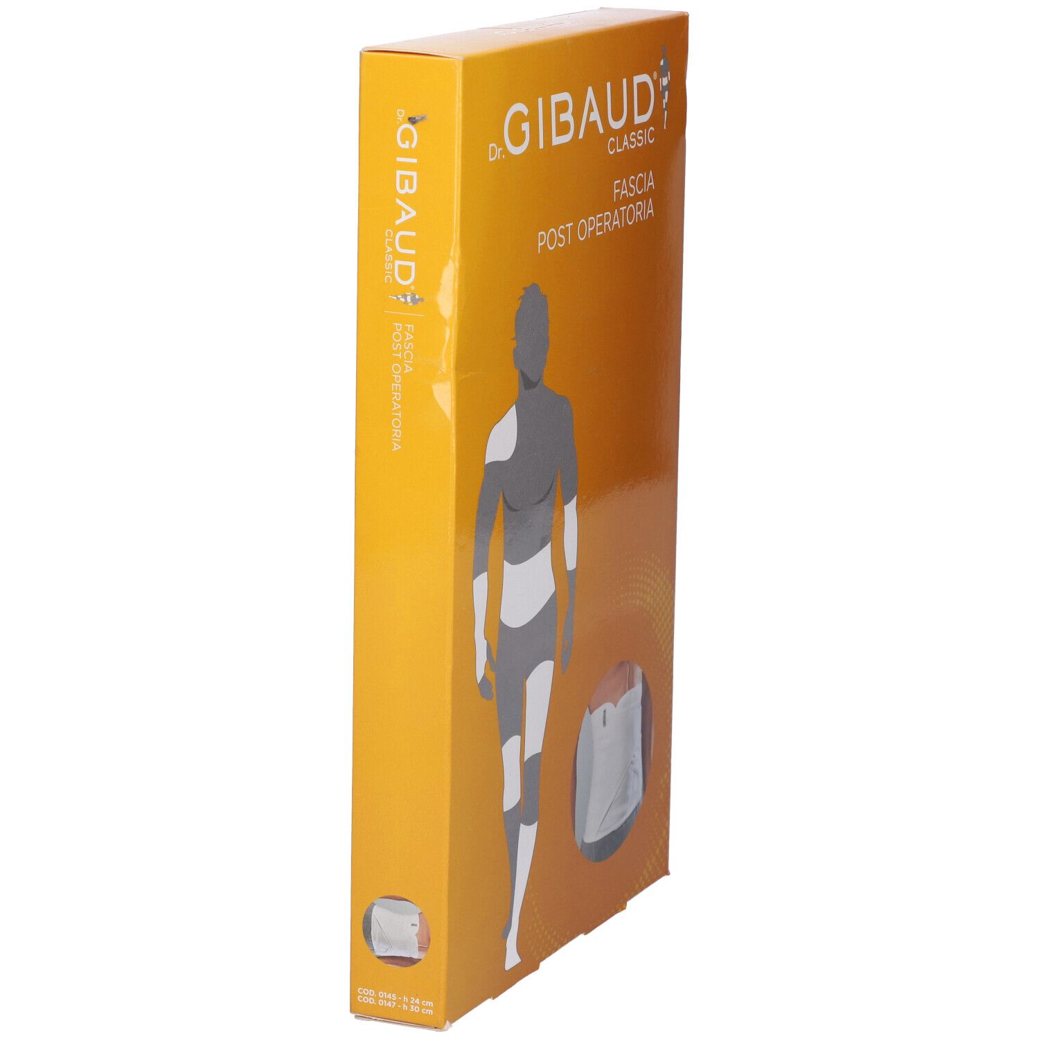 Confezione stretta arancione. Scritta: Dr. Gibaud Classic, Fascia Post Operatoria. Vista laterale con immagine del prodotto.