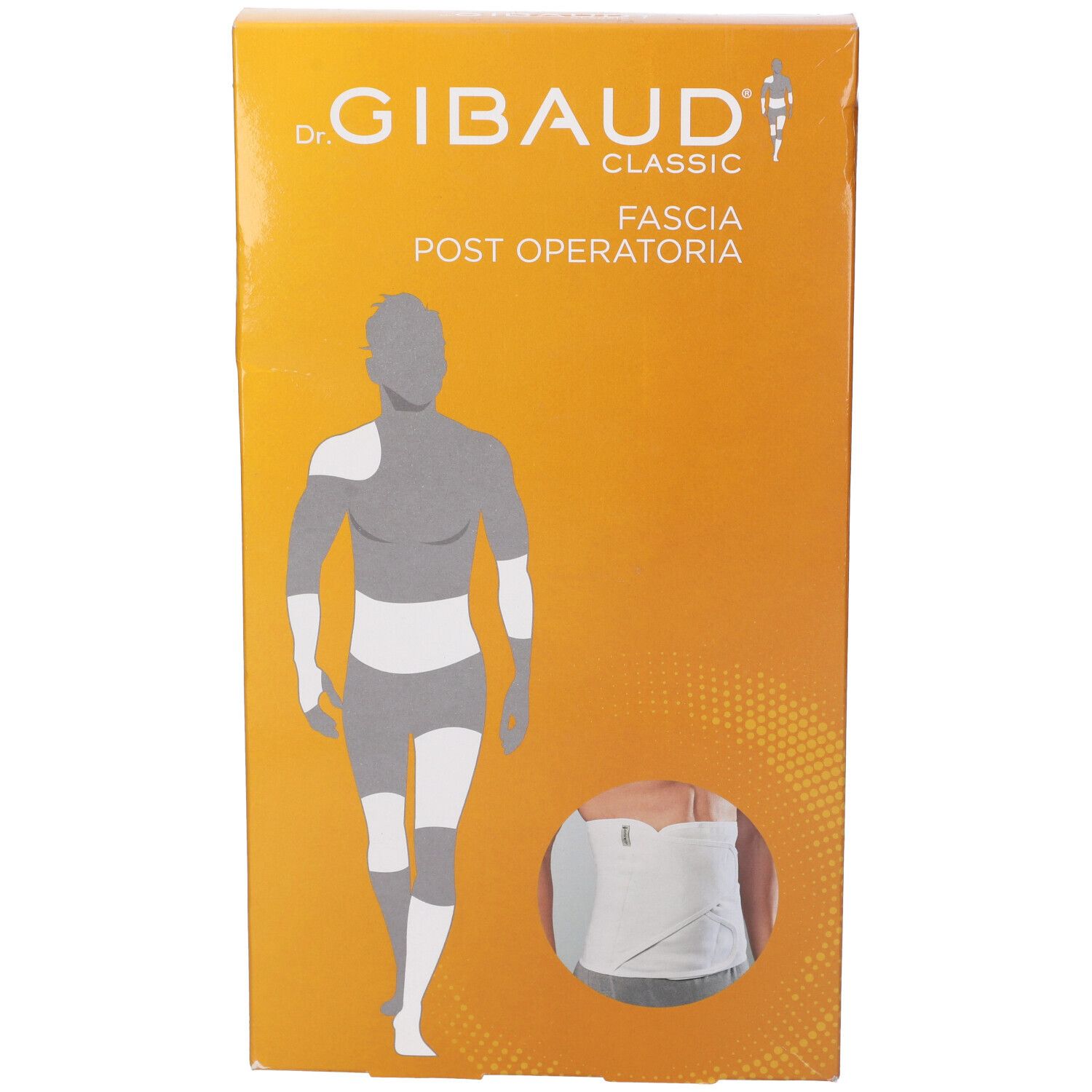 Confezione arancione. Scritta: Dr. Gibaud Classic, Fascia Post Operatoria. Illustrazione di uomo con bendaggi e immagine del prodotto.