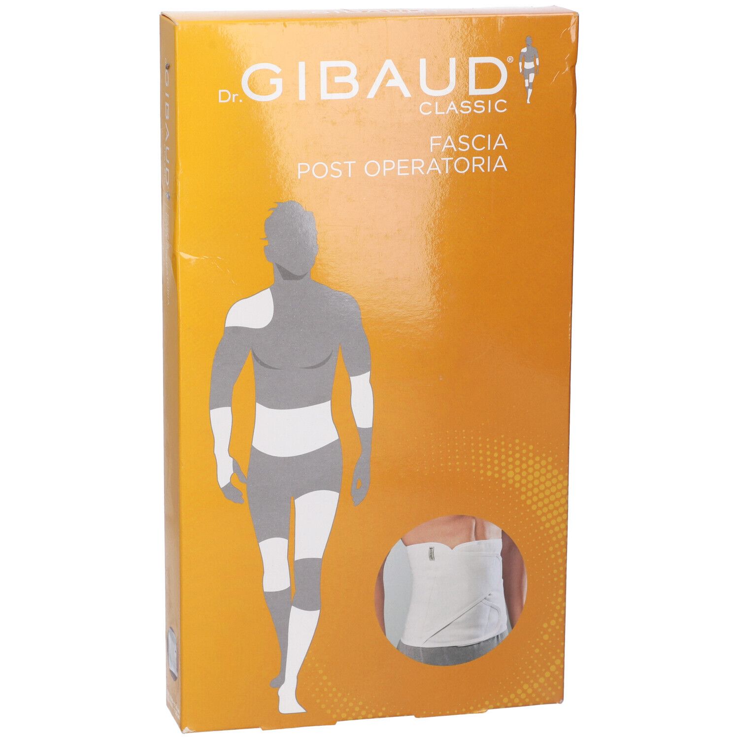 Confezione arancione. Scritta: Dr. Gibaud Classic, Fascia Post Operatoria. Illustrazione di uomo con bendaggi e immagine del prodotto.