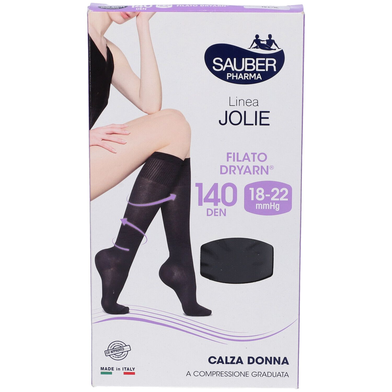 Confezione di Sauber Calza Jolie Filato Dryarn 140 Nero L/Xl. Calze al ginocchio nere illustrate. Marchio e nome del prodotto.