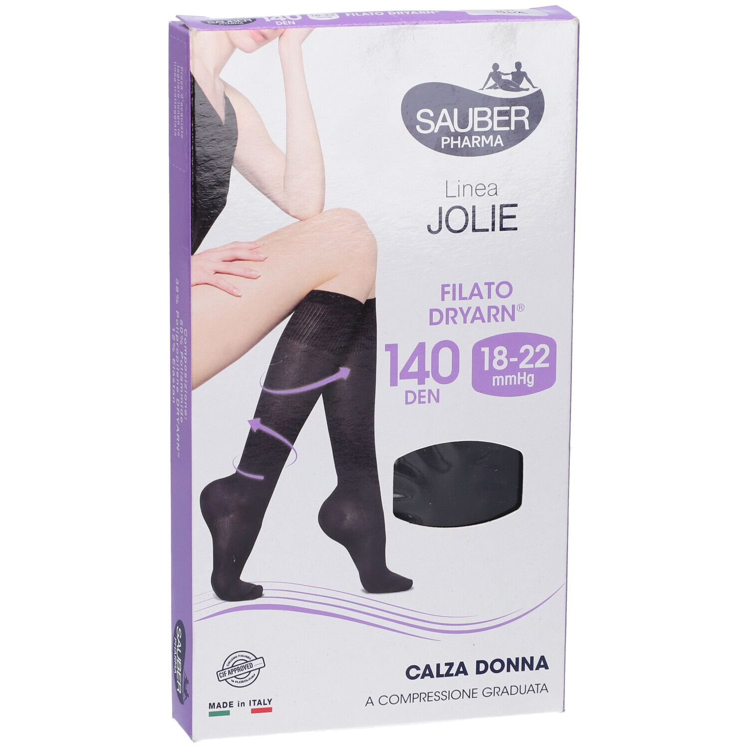 Confezione di Sauber Calza Jolie Filato Dryarn 140 Nero L/Xl. Calze al ginocchio nere illustrate. Marchio e nome del prodotto.
