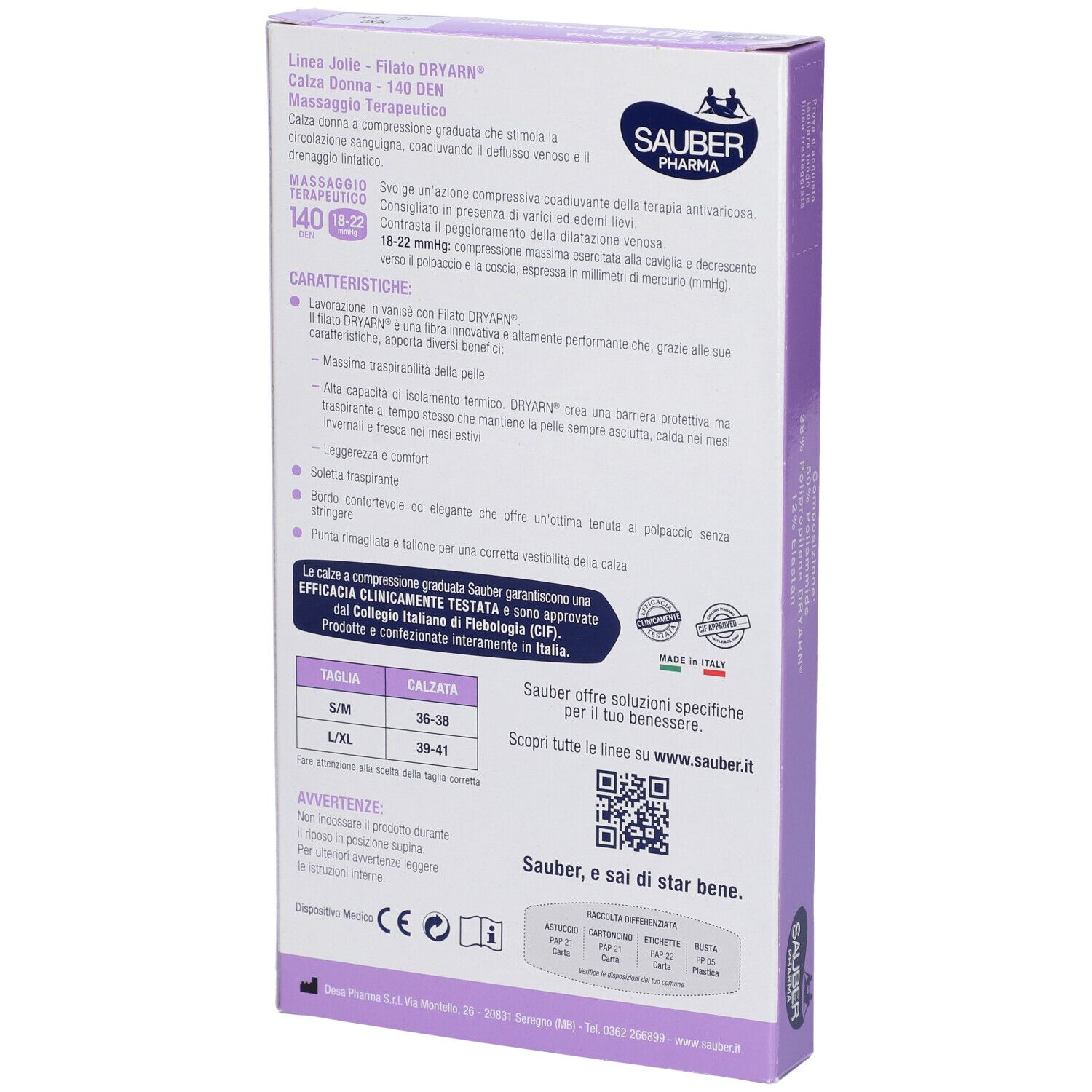 Retro della confezione SAUBER JOLIE FI DRY140 NE S/M. Testo e informazioni sulle calze a compressione.