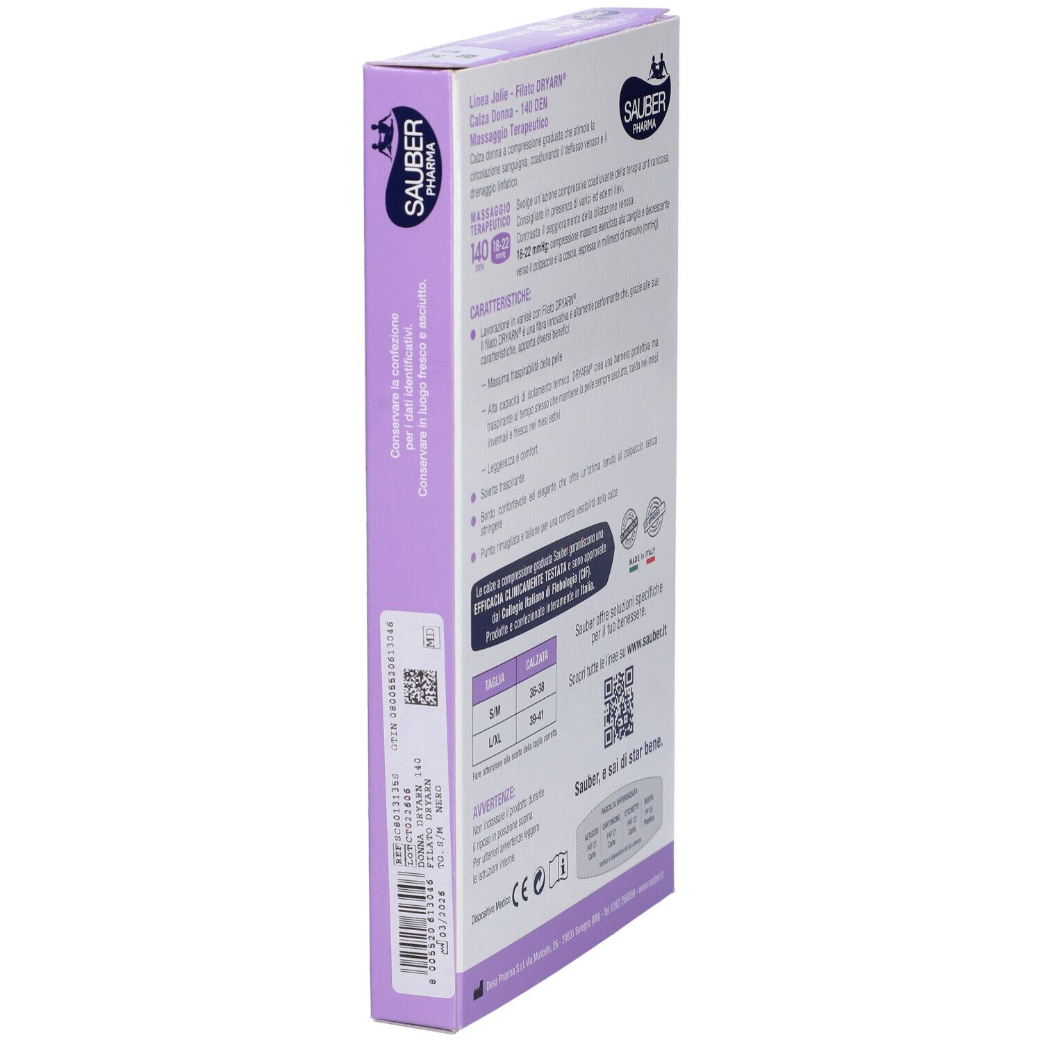 Retro della confezione SAUBER JOLIE FI DRY140 NE S/M. Testo e informazioni sulle calze a compressione.