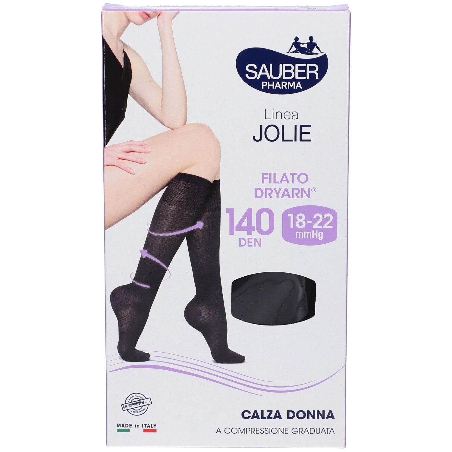 Confezione SAUBER JOLIE FI DRY140 NE S/M. Calze a compressione nere, donna. Testo: Linea JOLIE, 140 DEN, 18-22 mmHg.