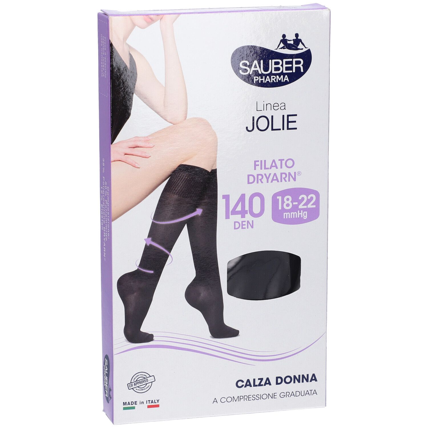 Confezione SAUBER JOLIE FI DRY140 NE S/M. Calze a compressione nere, donna. Testo: Linea JOLIE, 140 DEN, 18-22 mmHg.