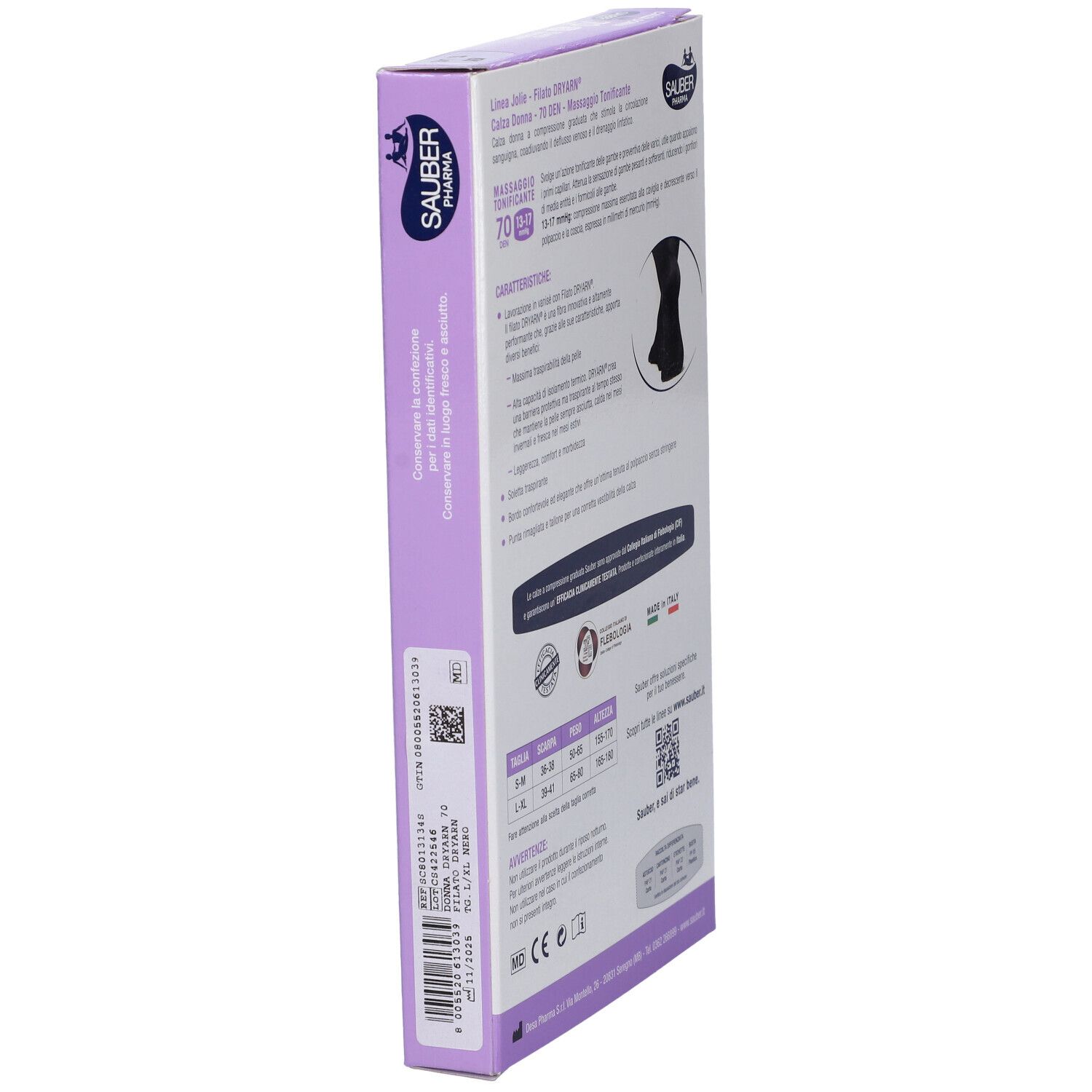 Vista laterale della confezione SAUBER JOLIE FI DRY 70 NE L/XL. Informazioni sul prodotto, codice QR.
