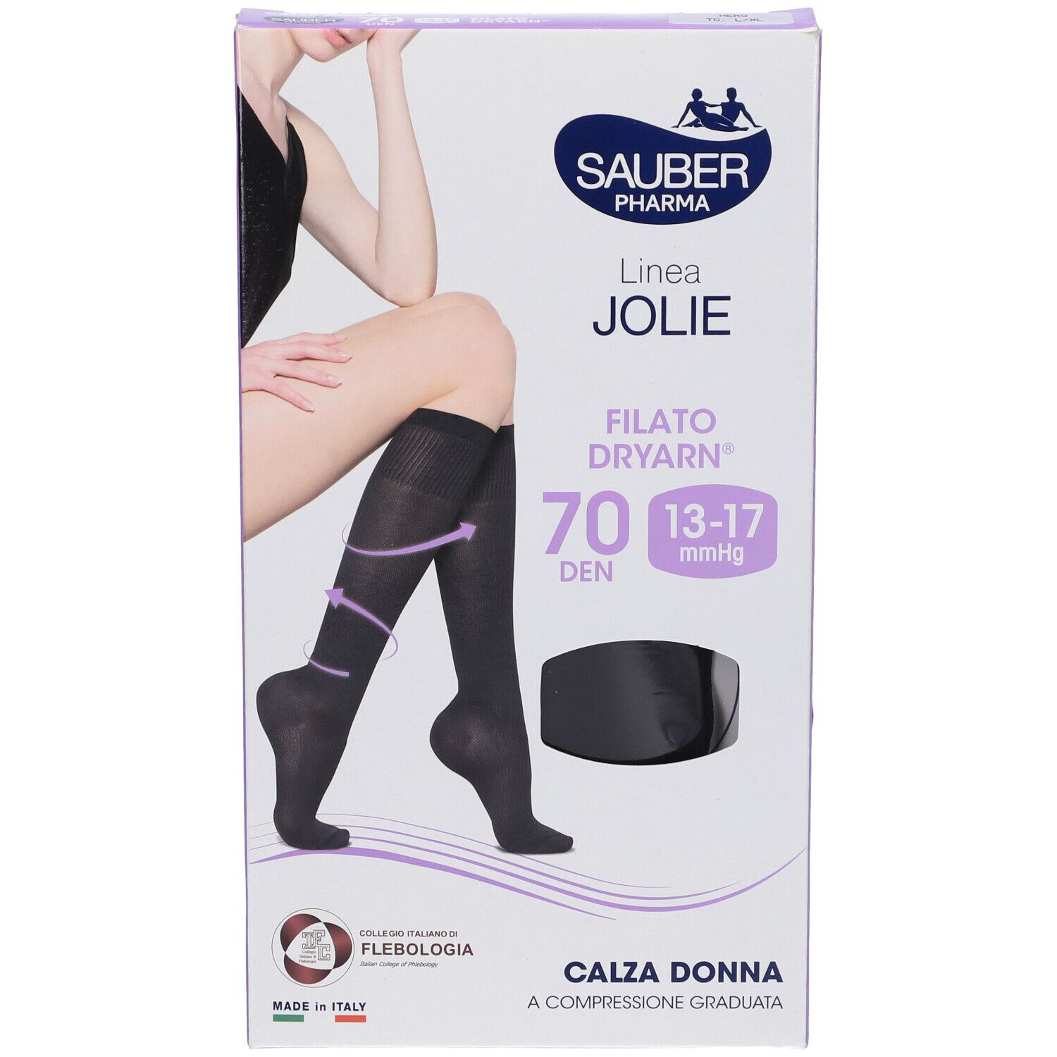 Confezione di SAUBER JOLIE FI DRY 70 NE L/XL. Calze a compressione nere. Illustrazione di donna con calze.
