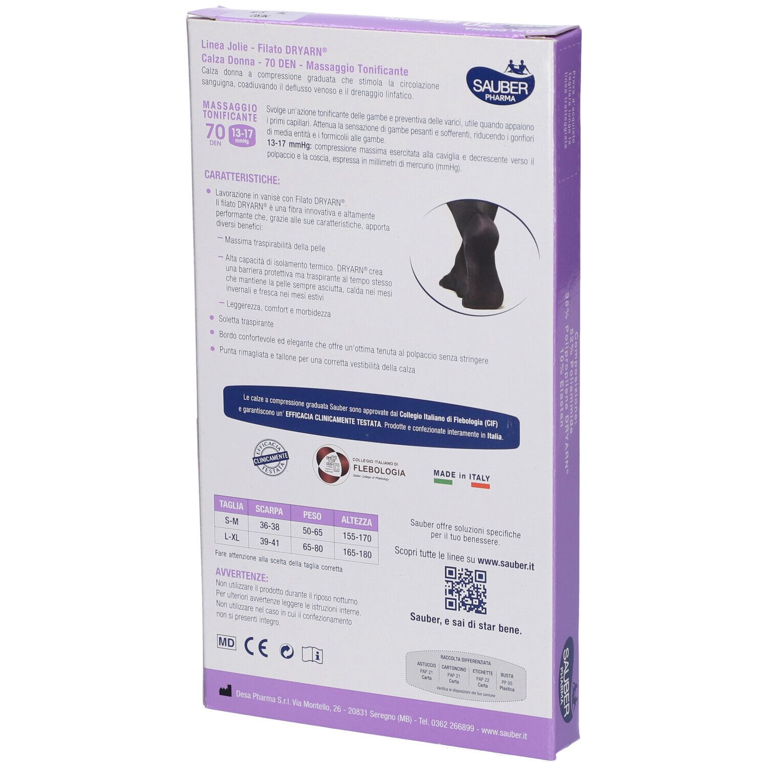 Retro della confezione SAUBER JOLIE FI DRY 70 NE S/M. Calze a compressione nere. Caratteristiche, taglie e certificazioni.