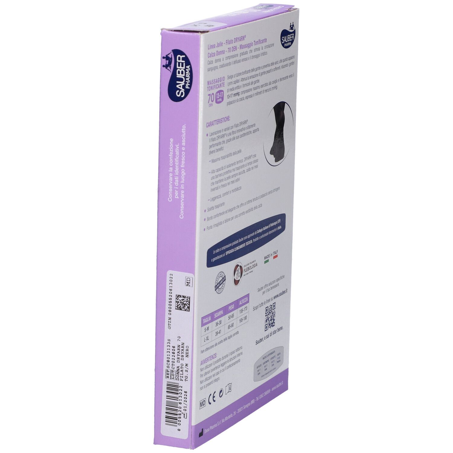Vista laterale della confezione SAUBER JOLIE FI DRY 70 NE S/M. Calze a compressione nere. Informazioni sul prodotto e codice QR.