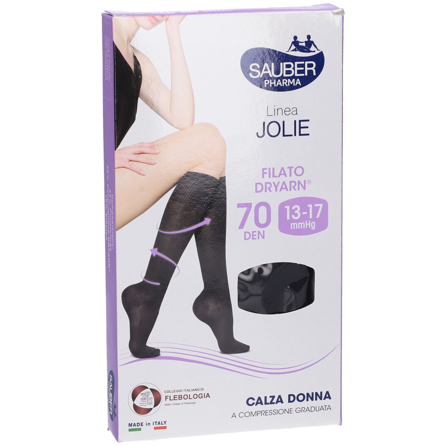 Confezione SAUBER JOLIE FI DRY 70 NE S/M. Calze a compressione nere, 70 DEN, 13-17 mmHg. Marchio e nome del prodotto.