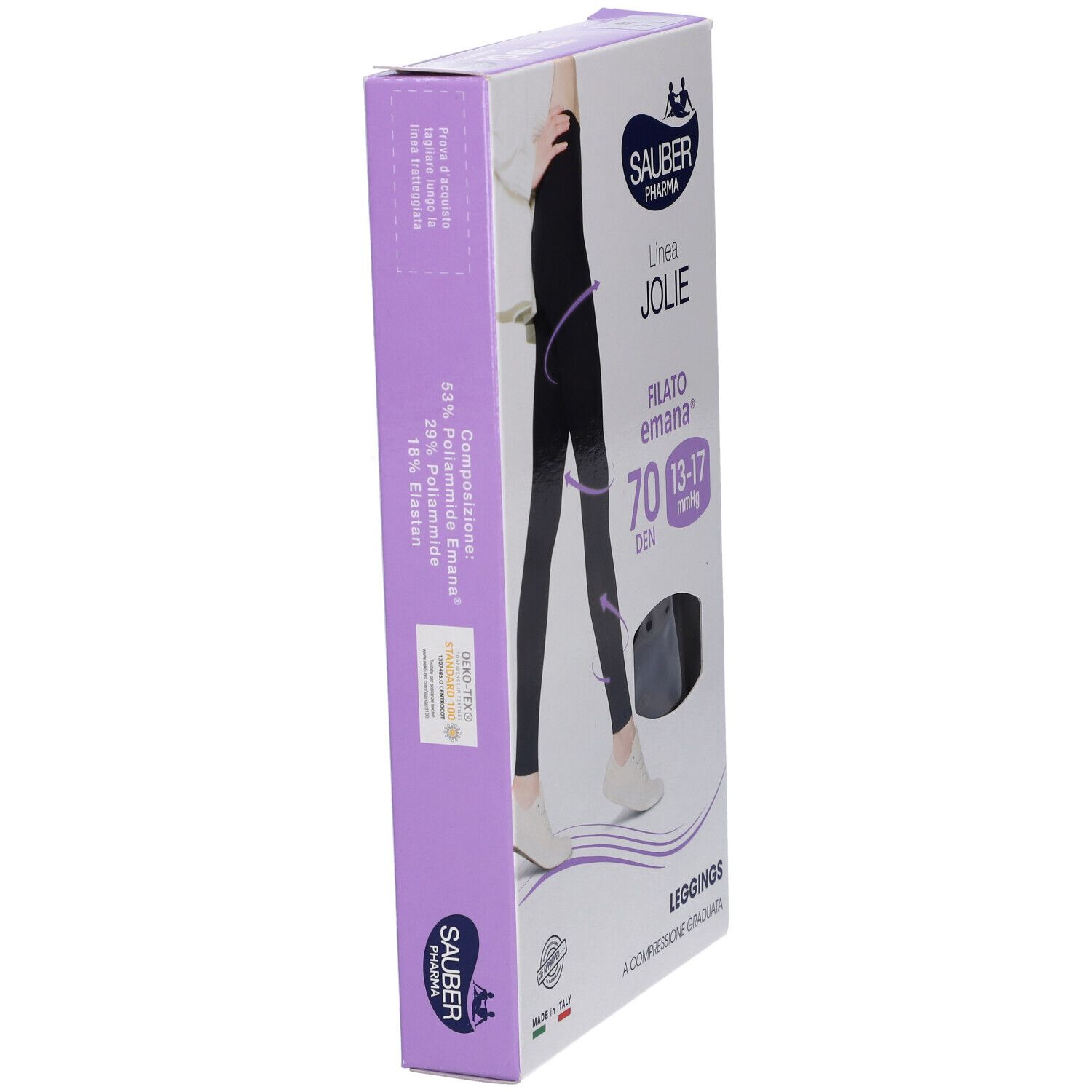 Vista laterale della confezione di leggings neri. Marchio Sauber Pharma, linea Jolie. Filato Emana. Compressione 13-17 mmHg. Prodotto in Italia.