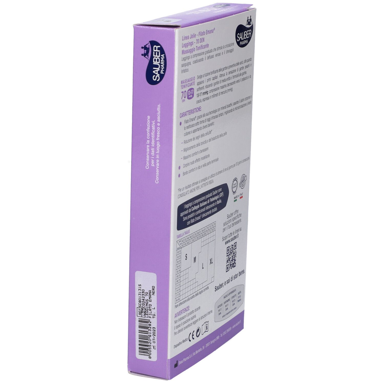 Confezione con informazioni sul prodotto. Marchio Sauber Pharma, linea Jolie. Taglie S, M, L, XL. Prodotto in Italia. Codice QR.