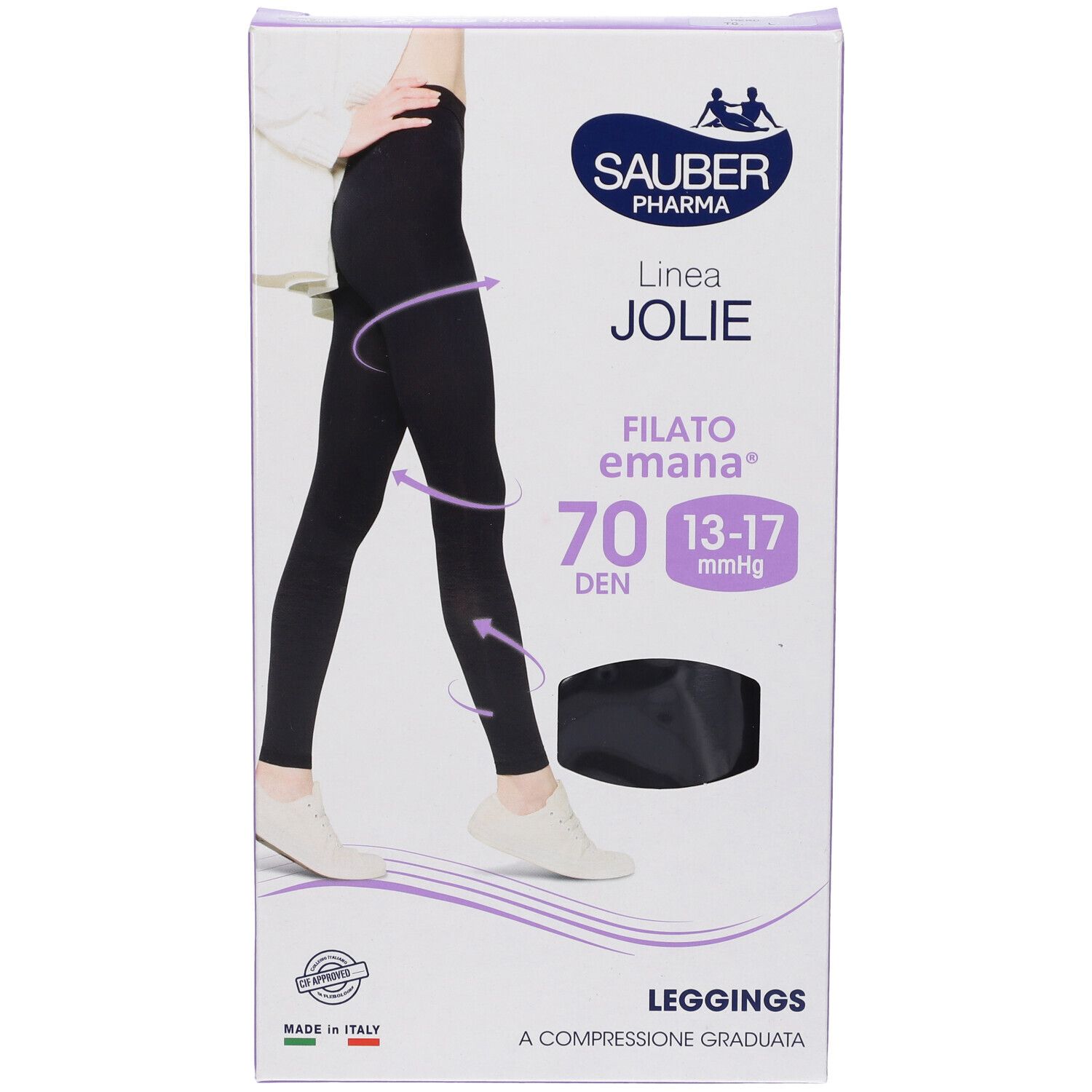Confezione di leggings neri. Marchio Sauber Pharma, linea Jolie. Filato Emana 70 den, compressione 13-17 mmHg. Prodotto in Italia.