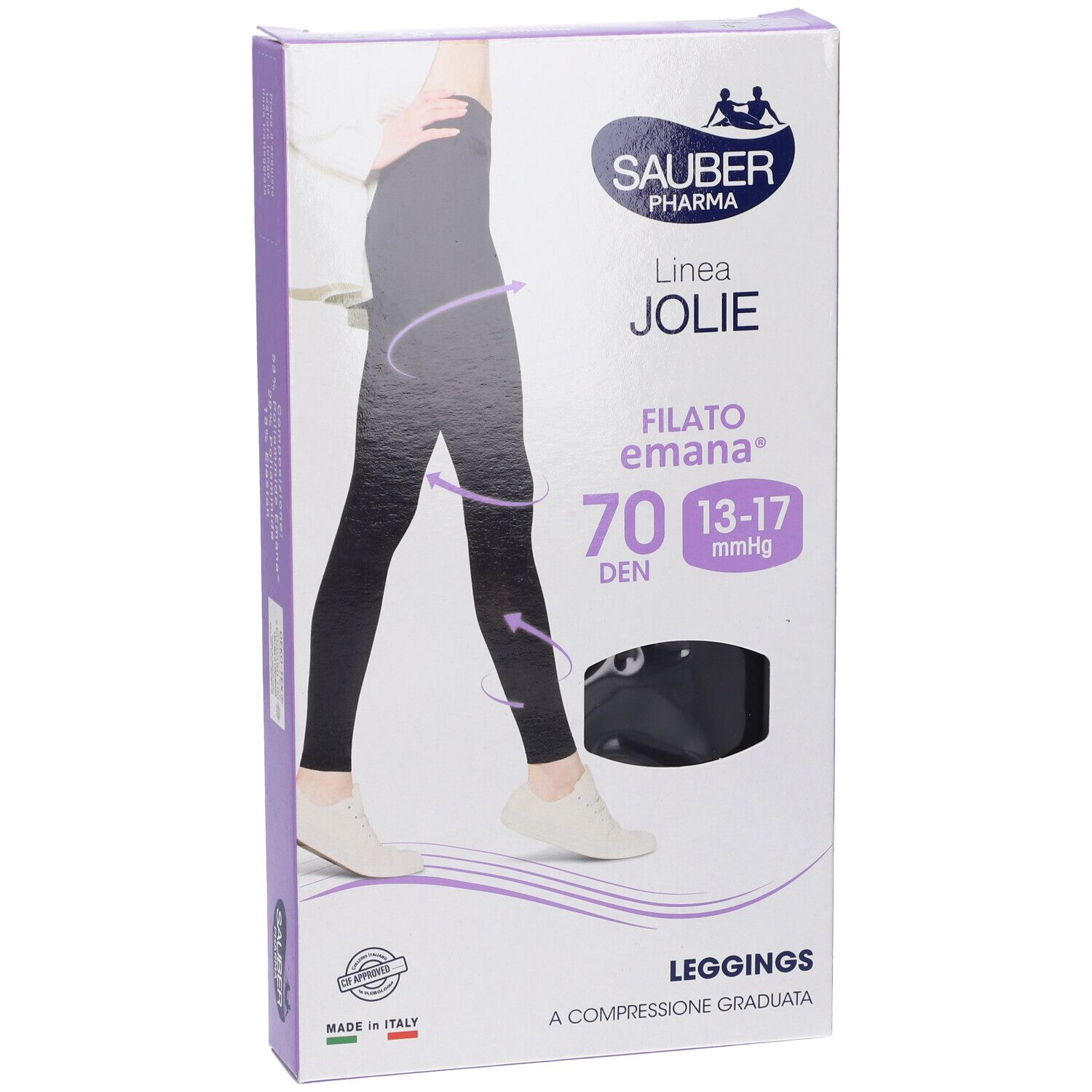 Confezione di leggings neri. Marchio Sauber Pharma, linea Jolie. Filato Emana 70 den, compressione 13-17 mmHg. Prodotto in Italia.