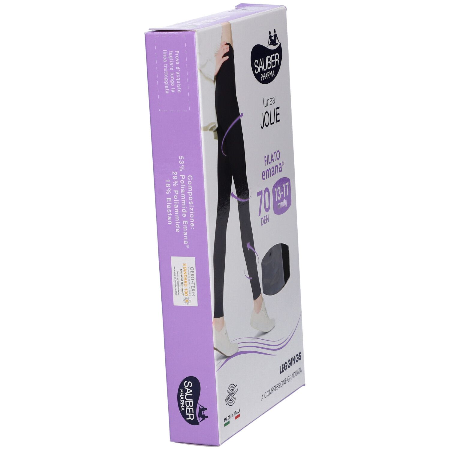 Confezione con leggings neri. Marchio SAUBER, linea JOLIE. 70 DEN, 13-17 mmHg. Filato Emana.