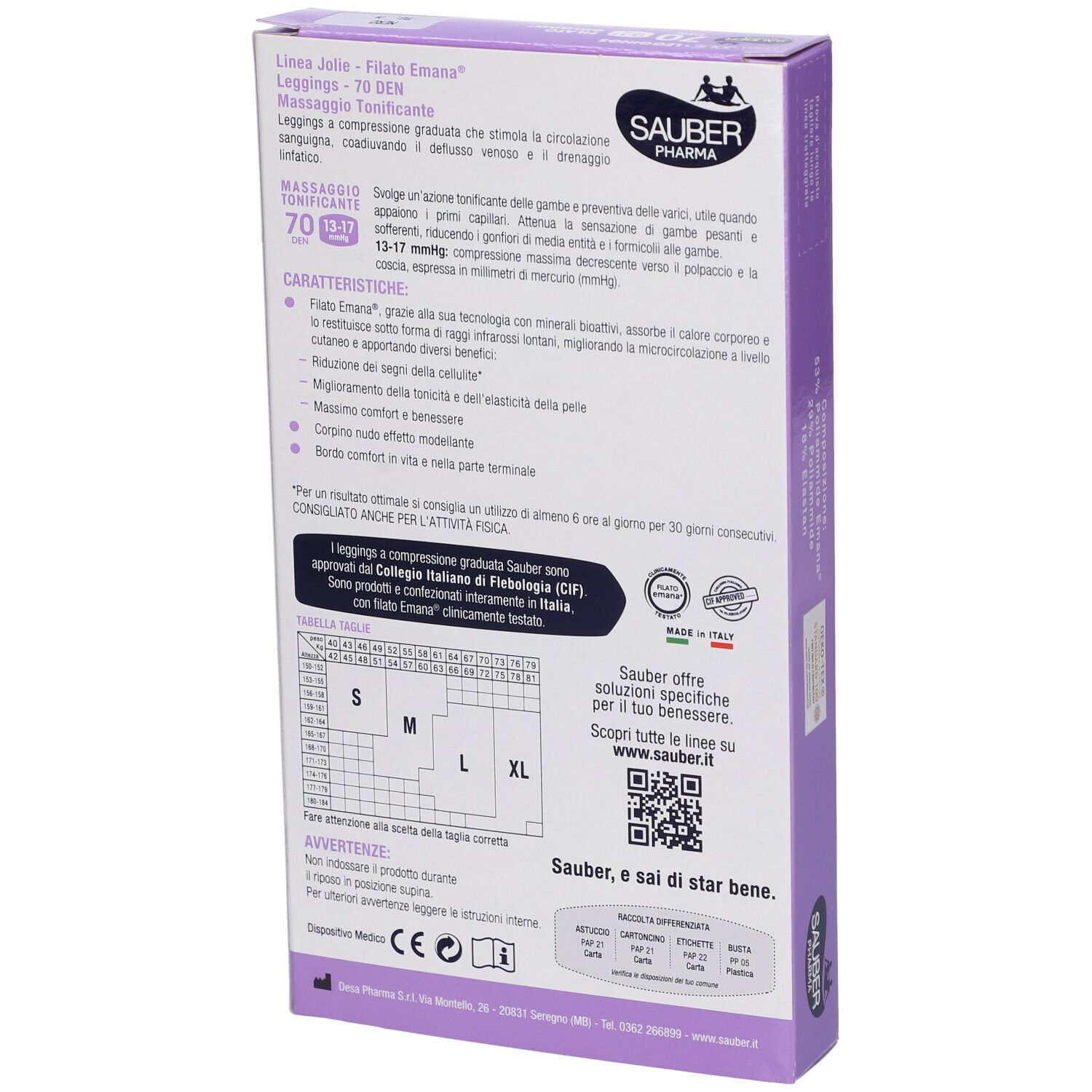 Retro della confezione. SAUBER Pharma. Informazioni sui leggings, taglie, ingredienti e certificazioni.