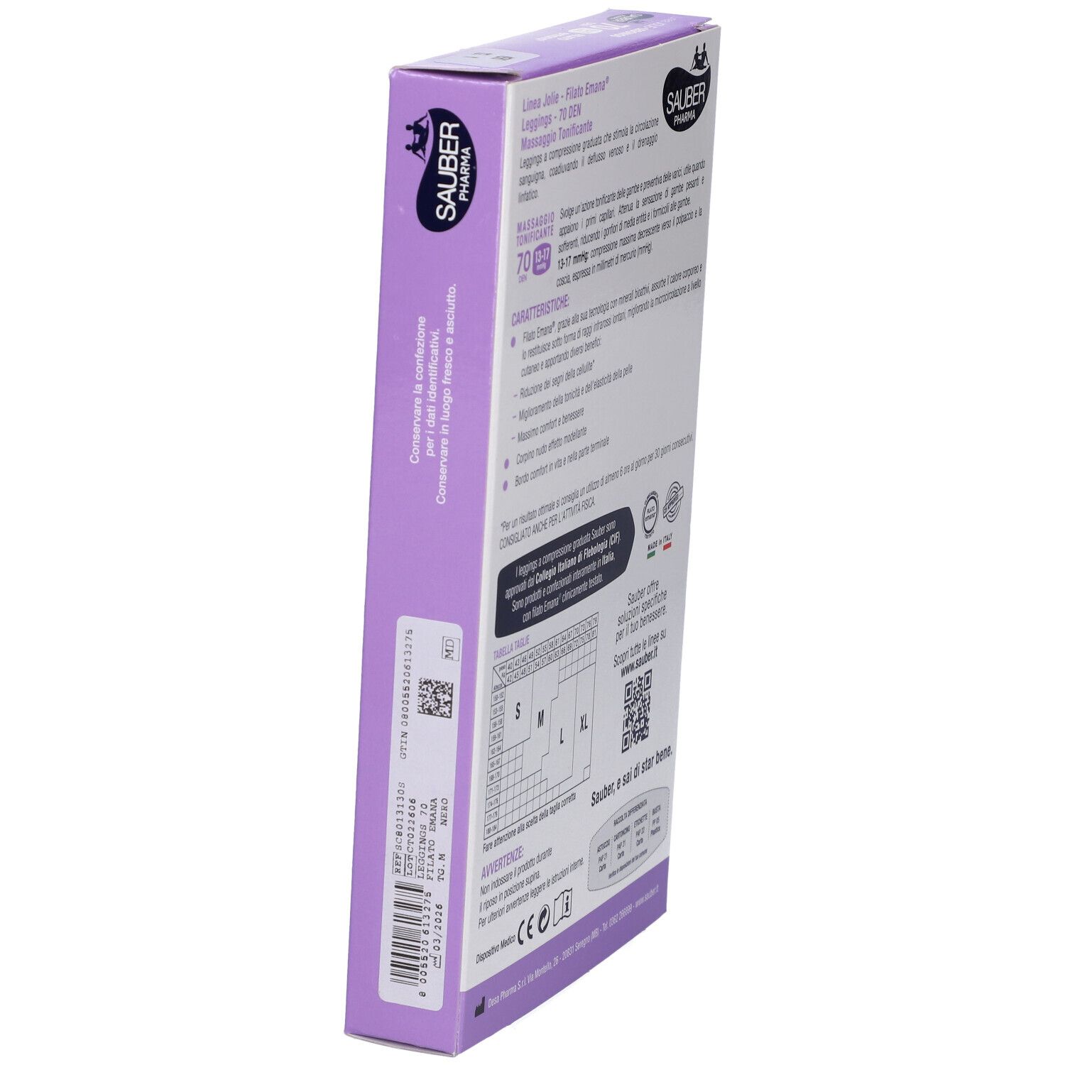 Confezione, vista laterale. SAUBER Pharma. Informazioni sui leggings, taglie, ingredienti e certificazioni.