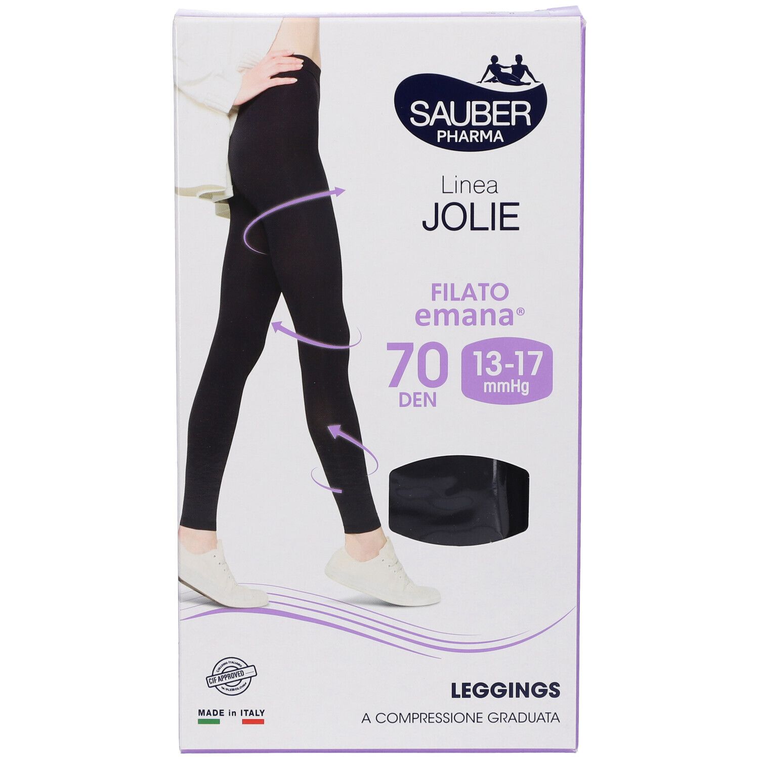 Leggings neri in confezione. Marchio SAUBER, linea JOLIE. 70 DEN, 13-17 mmHg. Filato Emana.