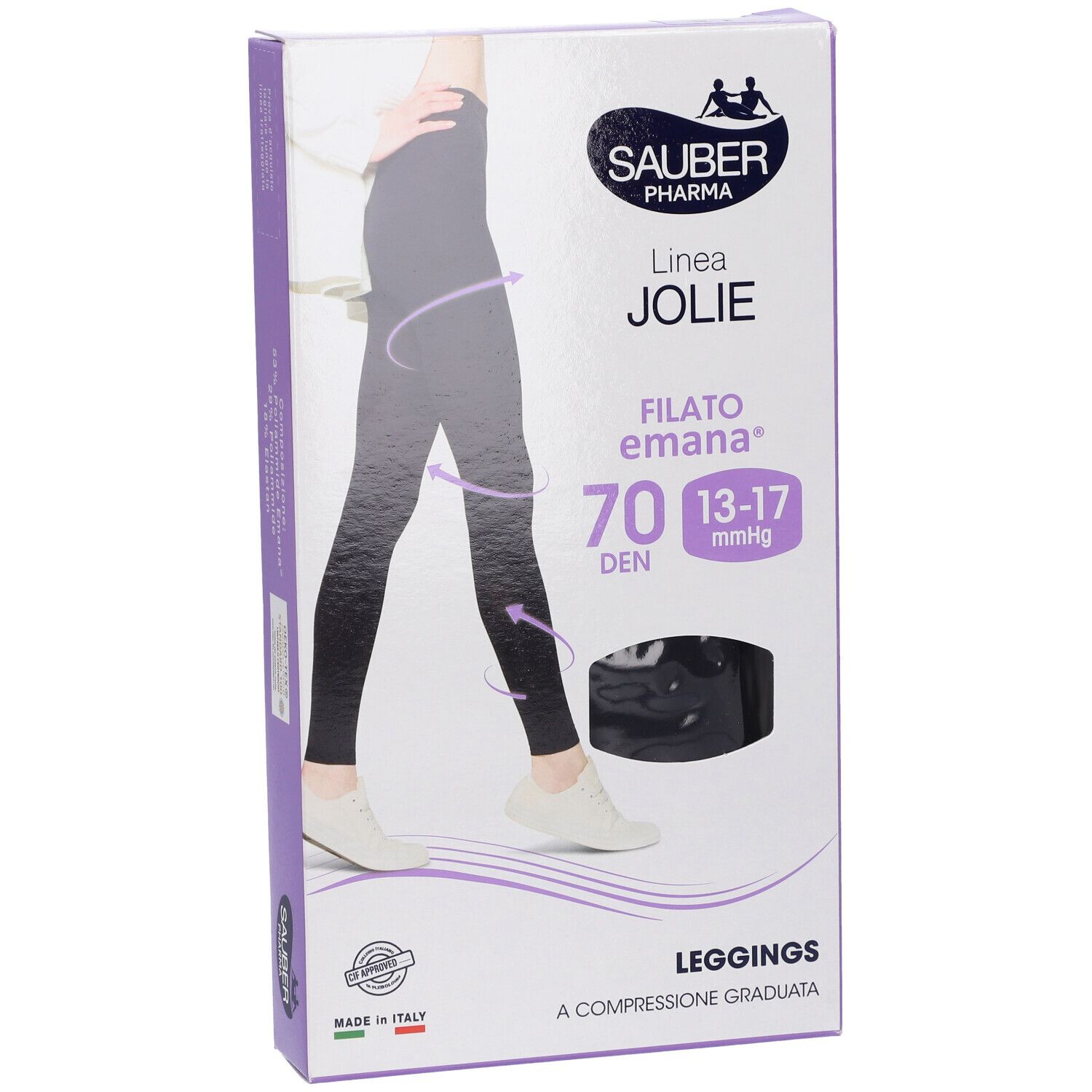 Confezione con leggings neri. Marchio SAUBER, linea JOLIE. 70 DEN, 13-17 mmHg. Filato Emana.