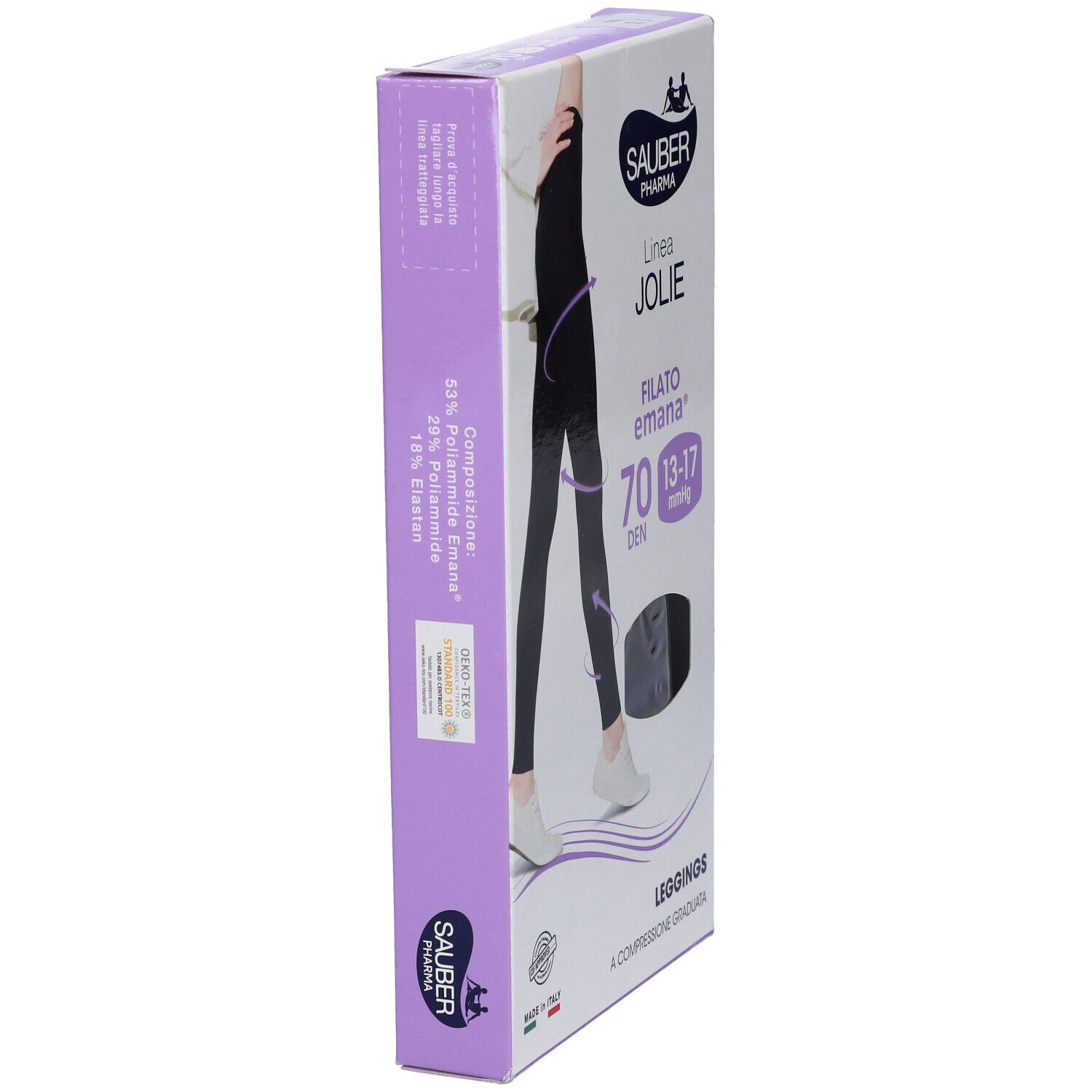 Confezione leggings. Marca Sauber Pharma, linea Jolie, Filato Emana 70 DEN. Compressione 13-17 mmHg. Vista laterale.