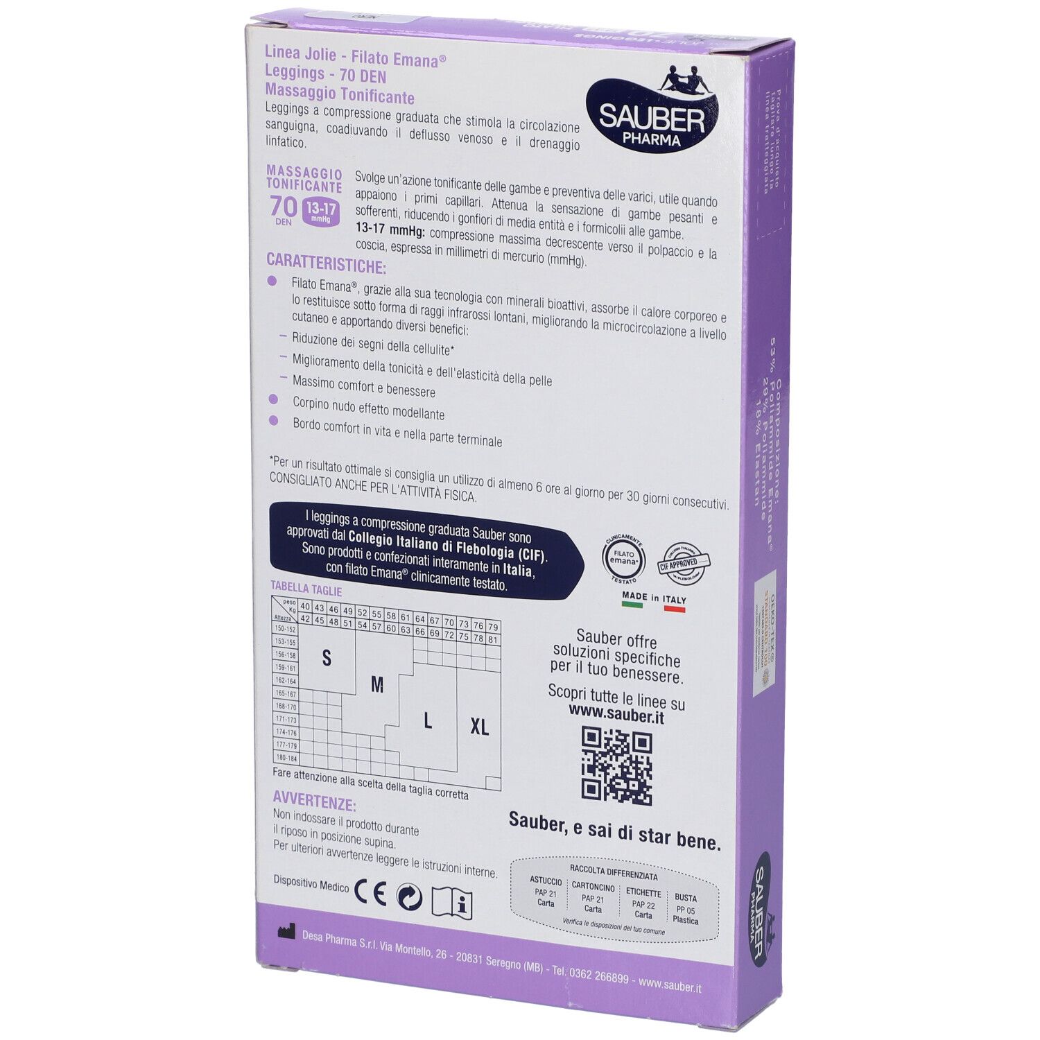 Retro della confezione. Informazioni sui leggings. Marca Sauber Pharma, linea Jolie, Filato Emana 70 DEN. Indicazioni taglie.