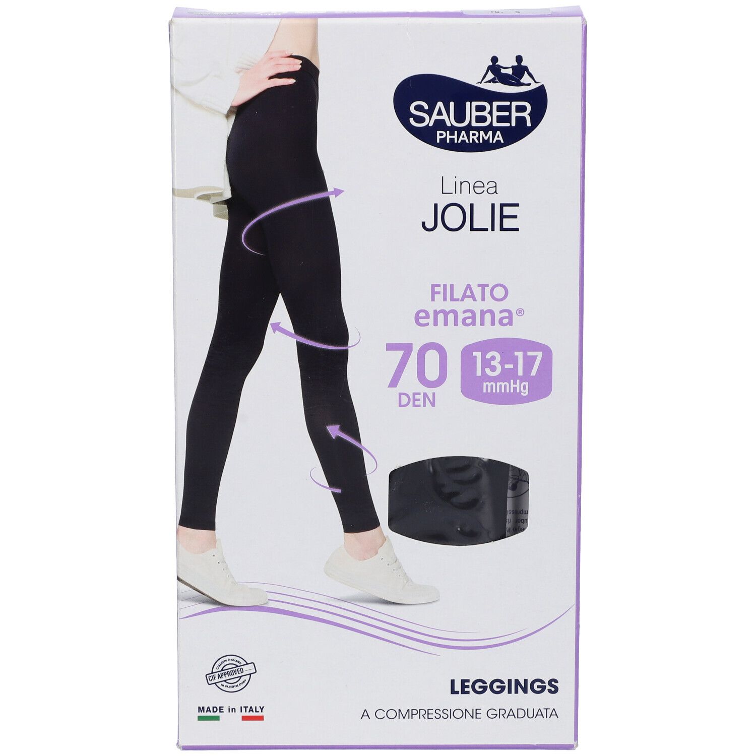 Leggings neri in confezione. Marca Sauber Pharma, linea Jolie, Filato Emana 70 DEN. Compressione 13-17 mmHg. Confezione.