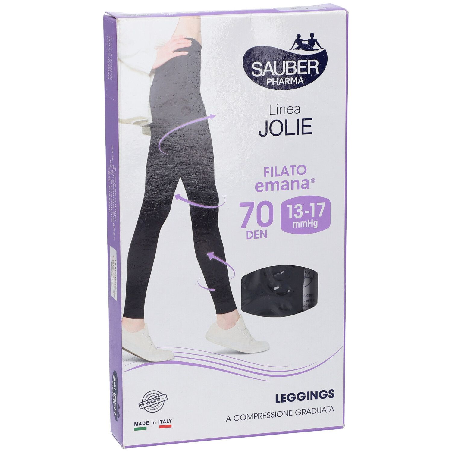 Leggings neri in confezione. Marca Sauber Pharma, linea Jolie, Filato Emana 70 DEN. Compressione 13-17 mmHg. Confezione.