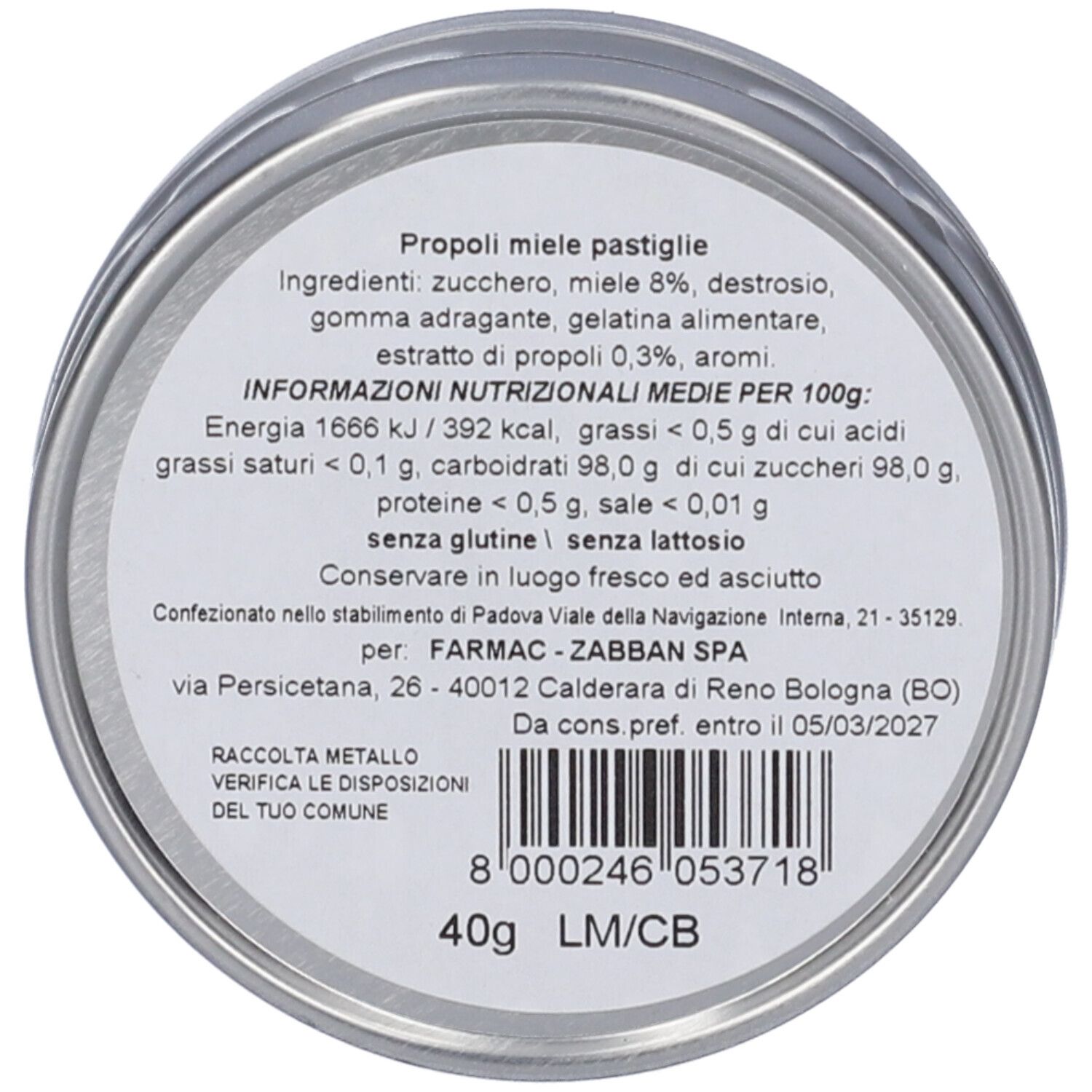 Retro della scatola. Testo con ingredienti e informazioni nutrizionali. Codice a barre e peso 40g.