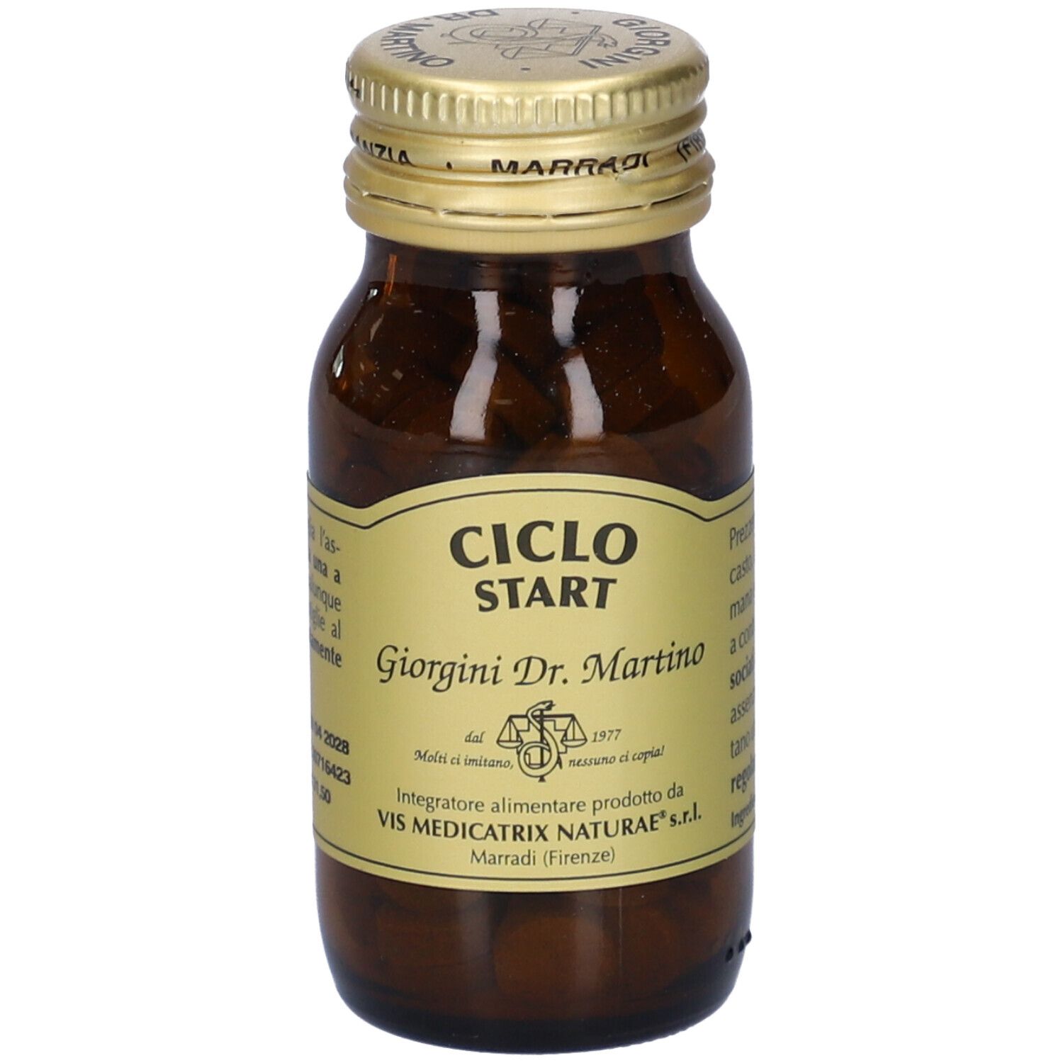 Flacone in vetro marrone con compresse. Scritto: CICLO START, Giorgini Dr. Martino. Tappo dorato.