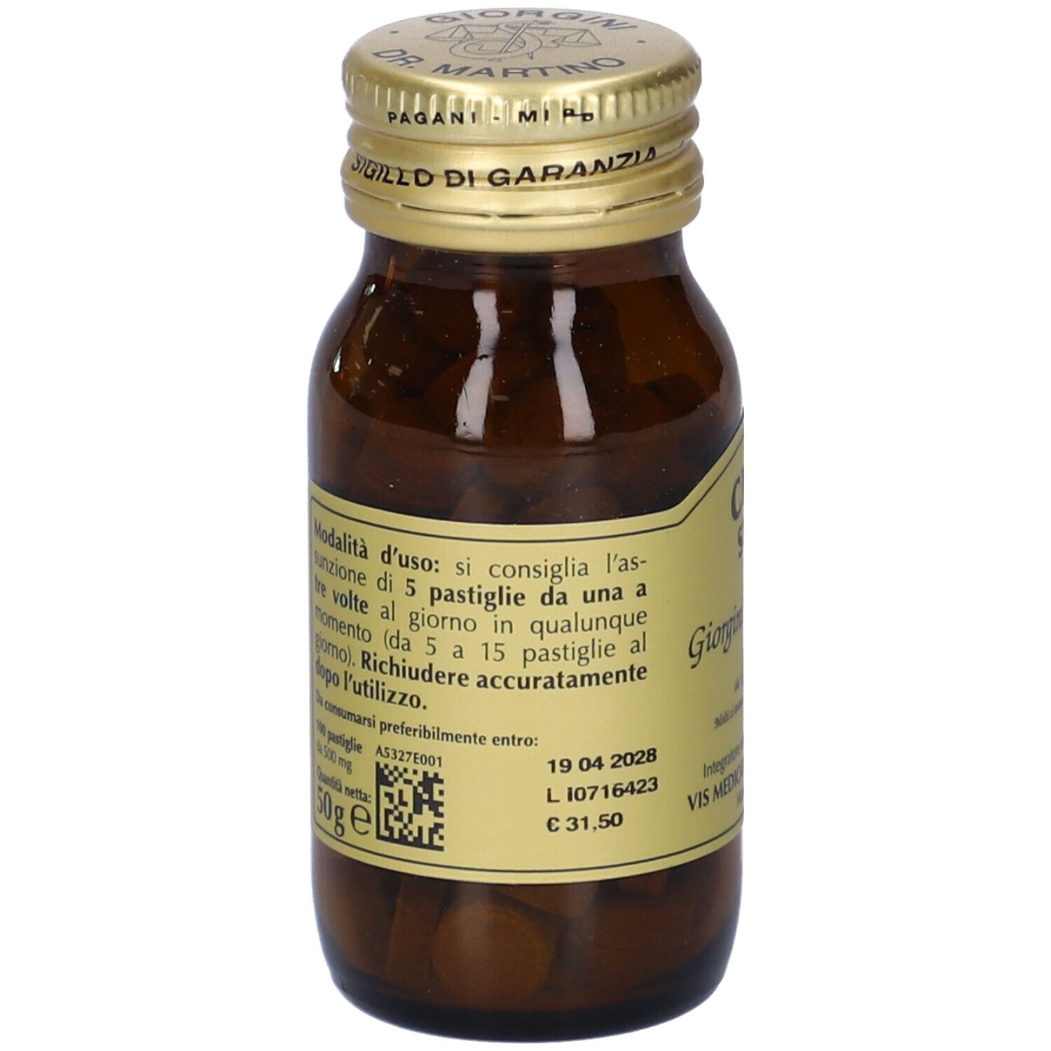 Flacone in vetro marrone con compresse. Scritto: CICLO START, Giorgini Dr. Martino. Tappo dorato.