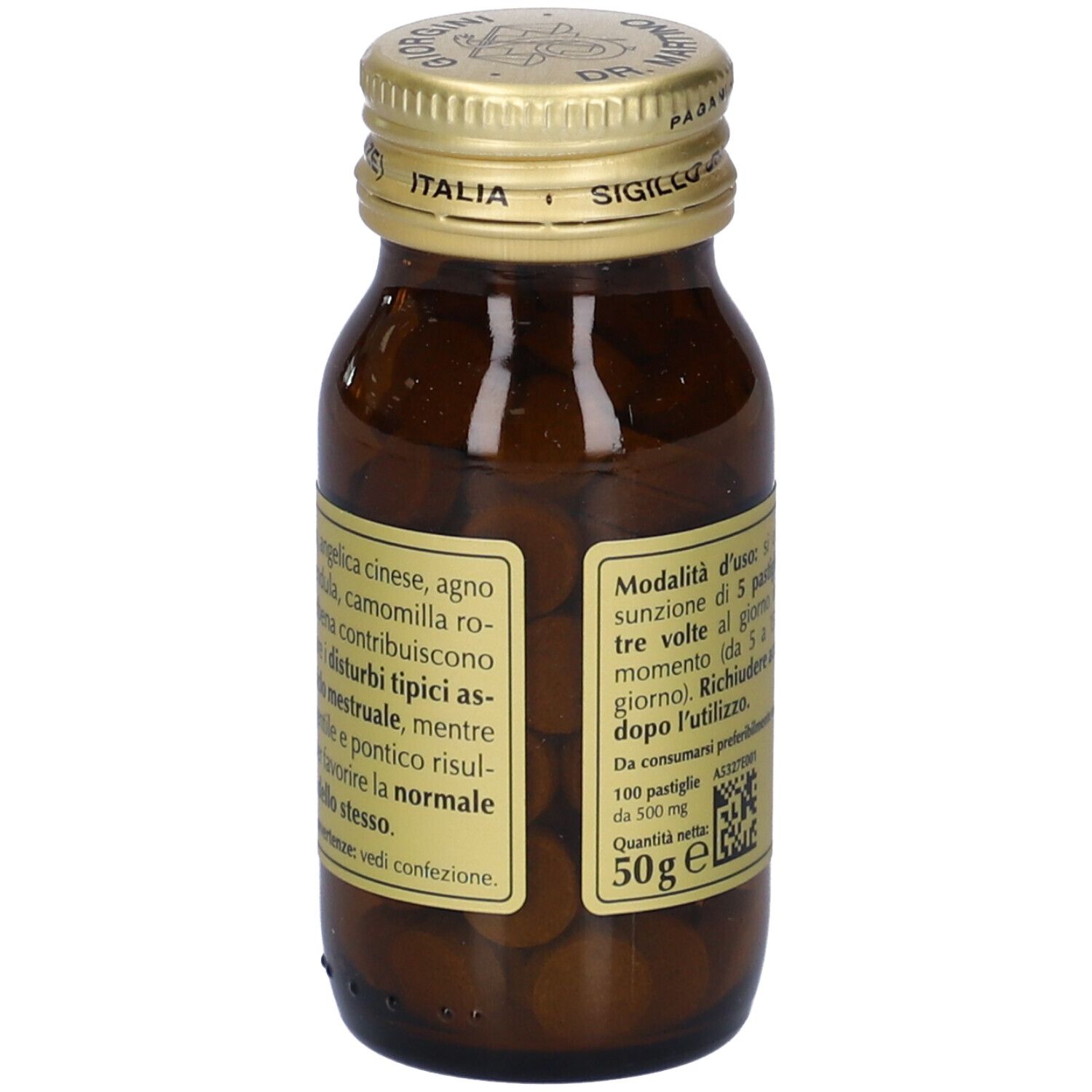 Flacone in vetro marrone con compresse. Scritto: CICLO START, Giorgini Dr. Martino. Tappo dorato.