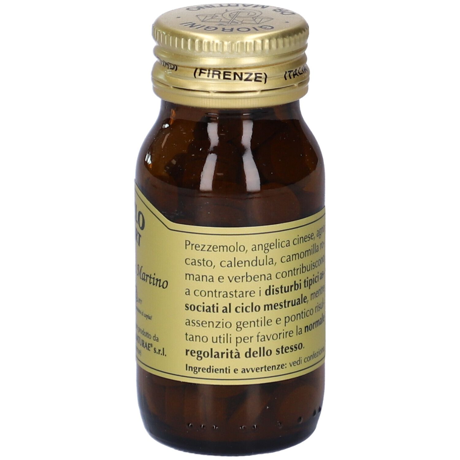 Flacone in vetro marrone con compresse. Scritto: CICLO START, Giorgini Dr. Martino. Tappo dorato.