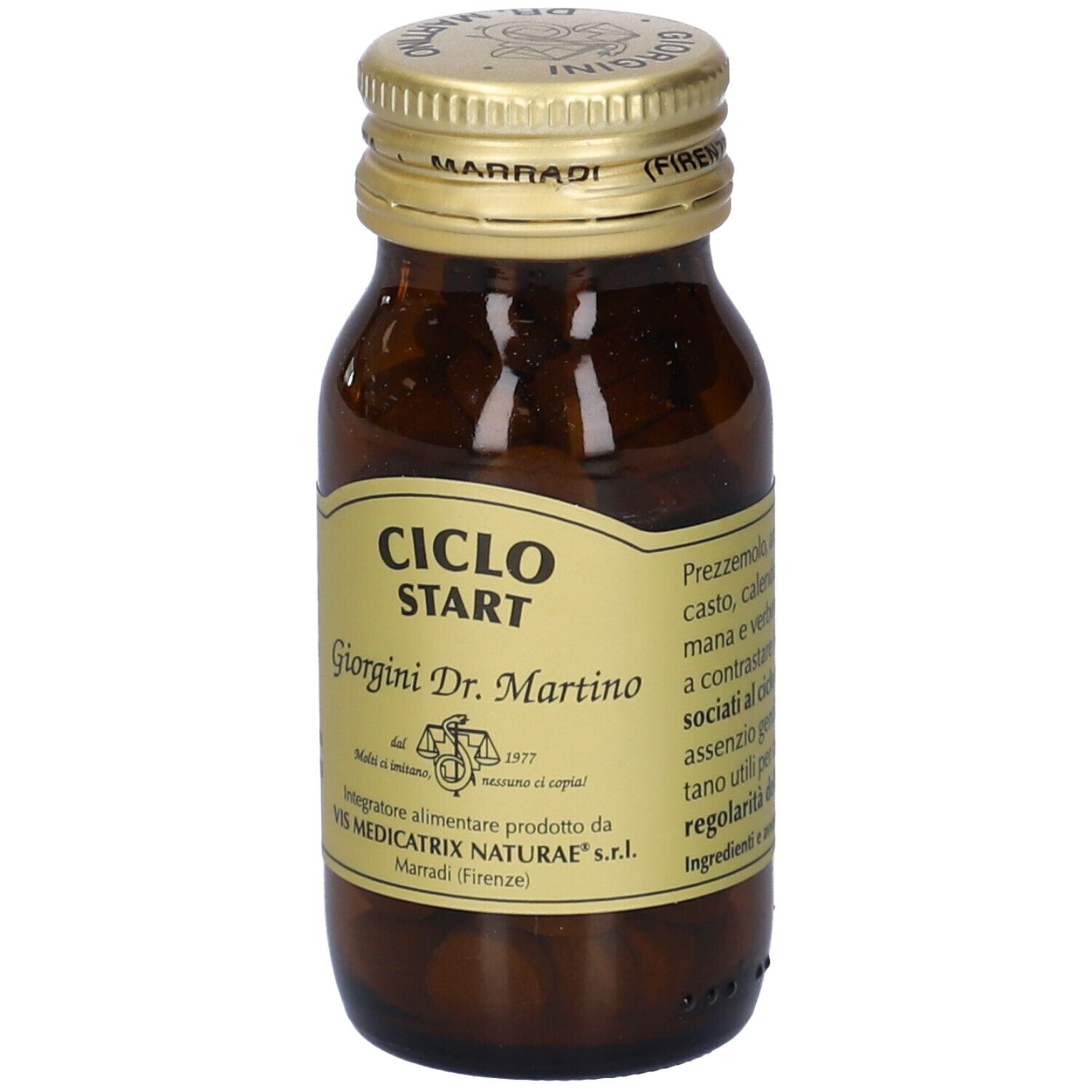 Flacone in vetro marrone con compresse. Scritto: CICLO START, Giorgini Dr. Martino. Tappo dorato.