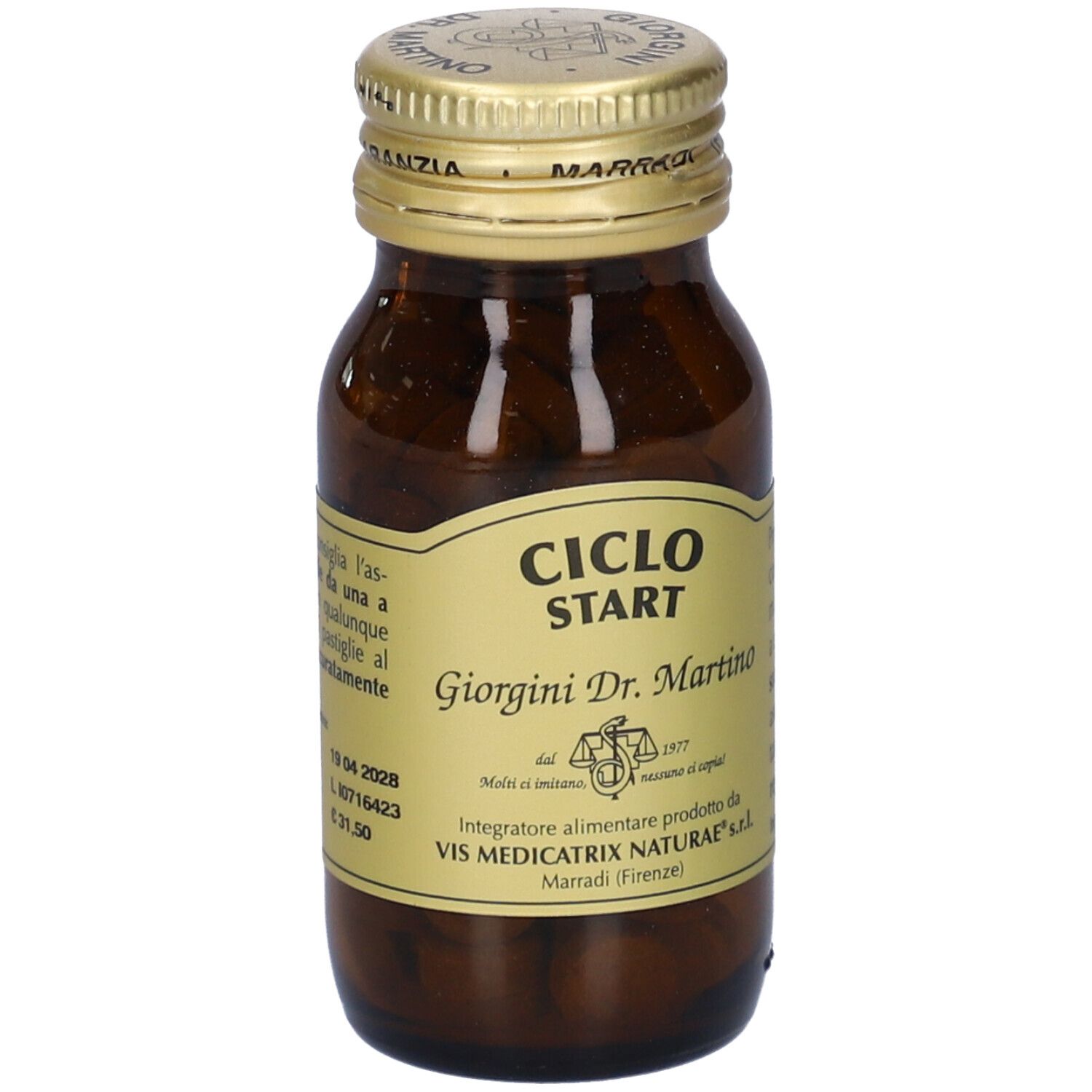 Flacone in vetro marrone con compresse. Scritto: CICLO START, Giorgini Dr. Martino. Tappo dorato.