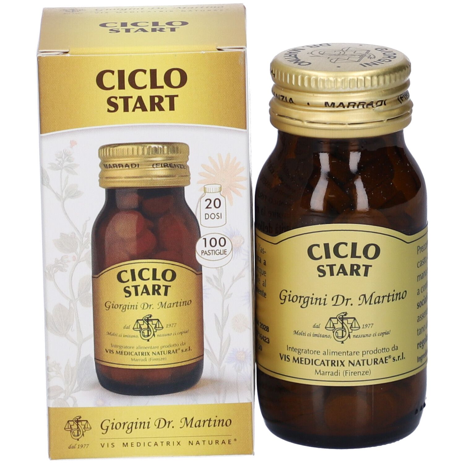 Flacone in vetro marrone e scatola. Scritto: CICLO START, Giorgini Dr. Martino. 100 pastiglie.
