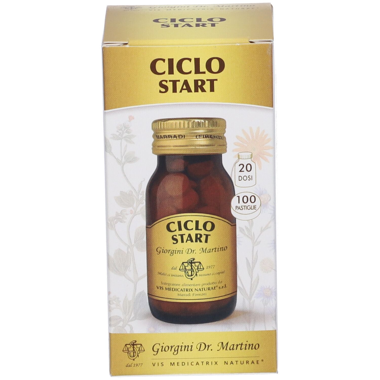 Scatola con flacone in vetro marrone. Scritto: CICLO START, Giorgini Dr. Martino. 100 pastiglie.