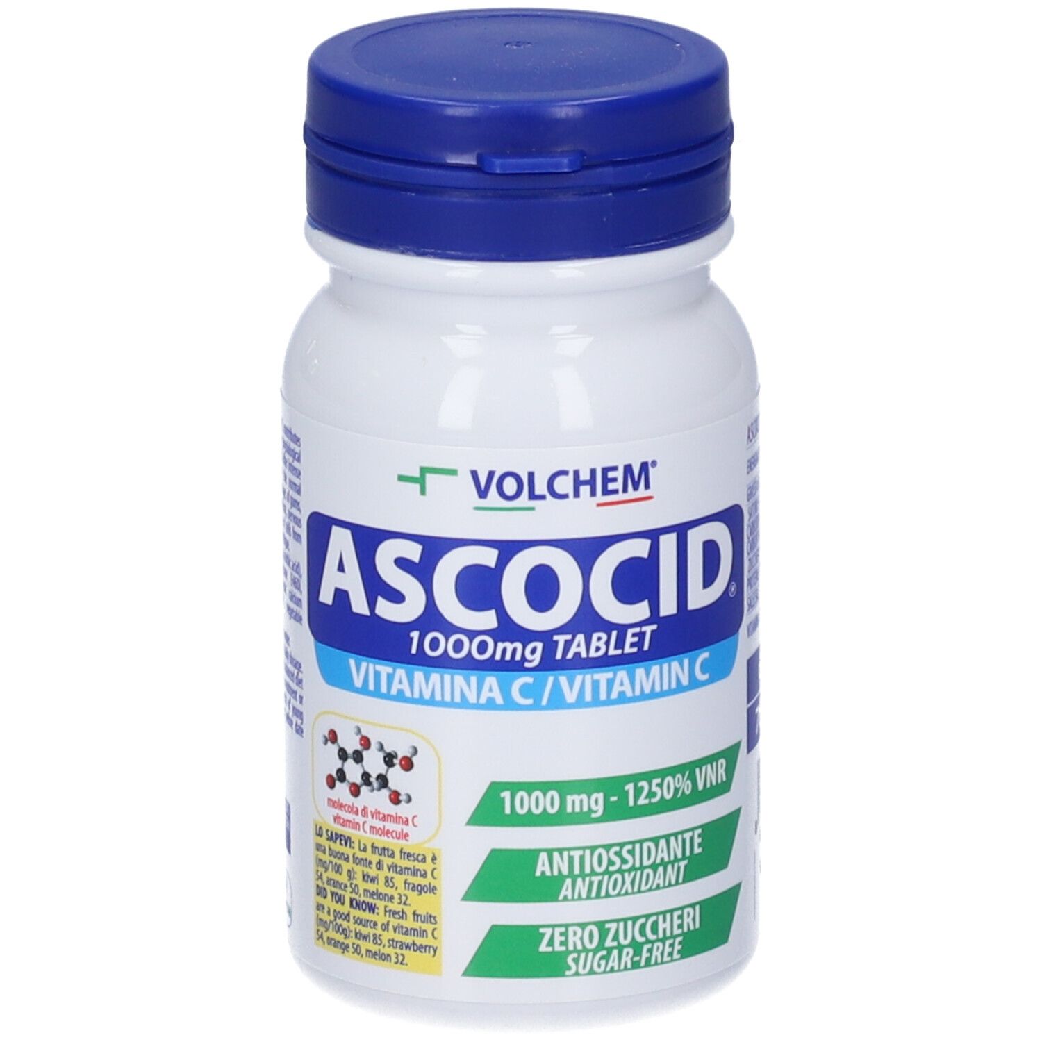 Flacone bianco con tappo blu. Scritta: Ascocid 1000mg Tablet Vitamin C. Contiene antiossidanti e senza zucchero.