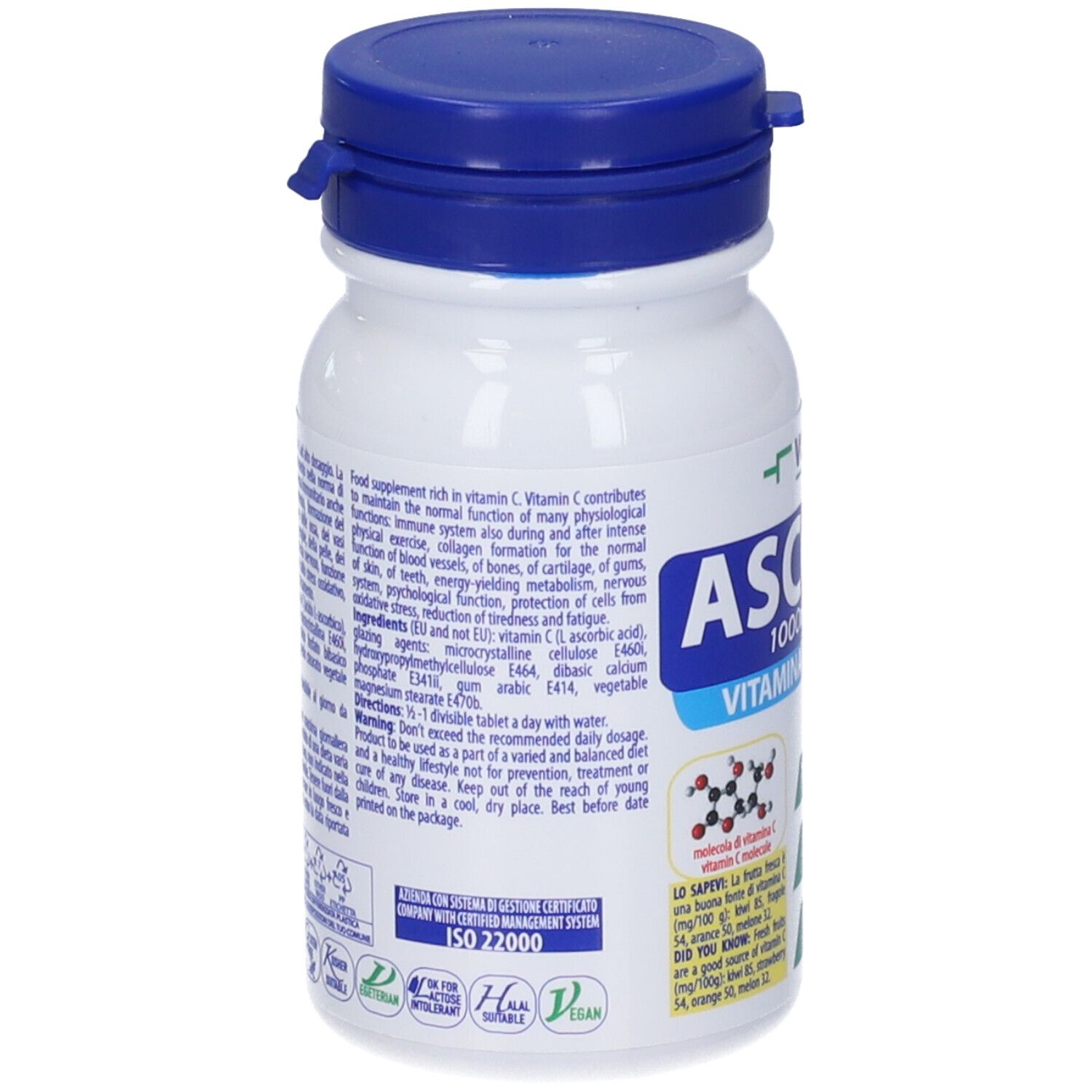 Retro di un flacone bianco con tappo blu. Testo sulla vitamina C e ingredienti. Certificazione ISO 22000.