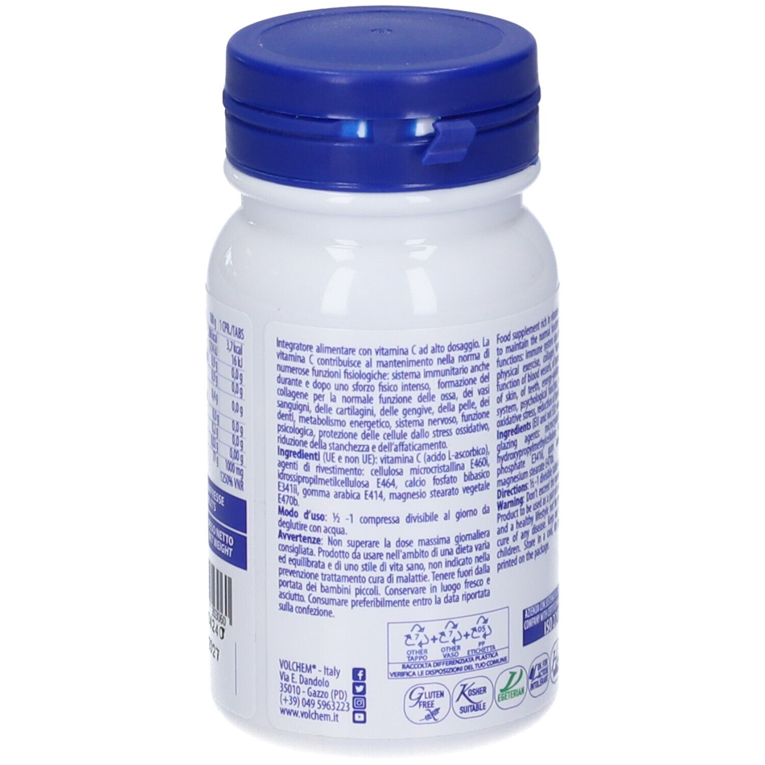 Retro di un flacone bianco con tappo blu. Testo su ingredienti e uso. Certificazione ISO 22000.
